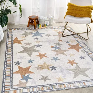 JONATHAN Y KDW100A-3 Star Gazer Geometric Machine-Washable Indoor Area Rug, Border, Kids & Novelty, Classic, Bedroom, Kitchen, Living Room, Easy-Cleaning, Non-Shedding, 3 X 5, Ivory/Blue/Orange