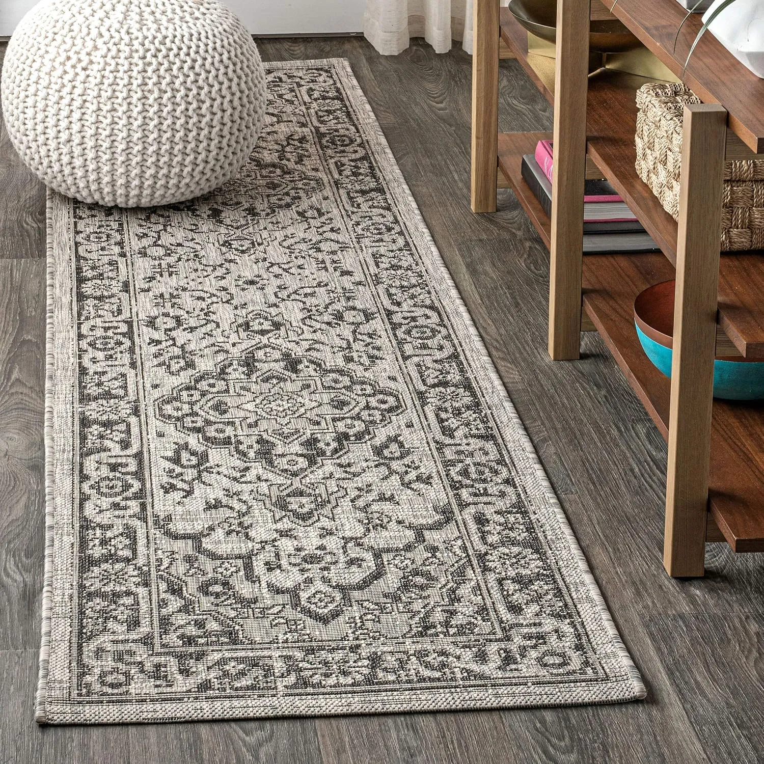 JONATHAN Y SMB102D-28 Rozetta Boho Medallion Textured Weave Indoor Outdoor Runner Rug Coastal Bohemian Rustic Glam Easy -Cleaning Bedroom Kitchen Backyard Patio Non Shedding, 2 X 8, Gray/Black