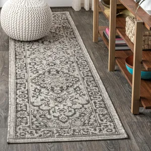 JONATHAN Y SMB102D-28 Rozetta Boho Medallion Textured Weave Indoor Outdoor Runner Rug Coastal Bohemian Rustic Glam Easy -Cleaning Bedroom Kitchen Backyard Patio Non Shedding, 2 X 8, Gray/Black