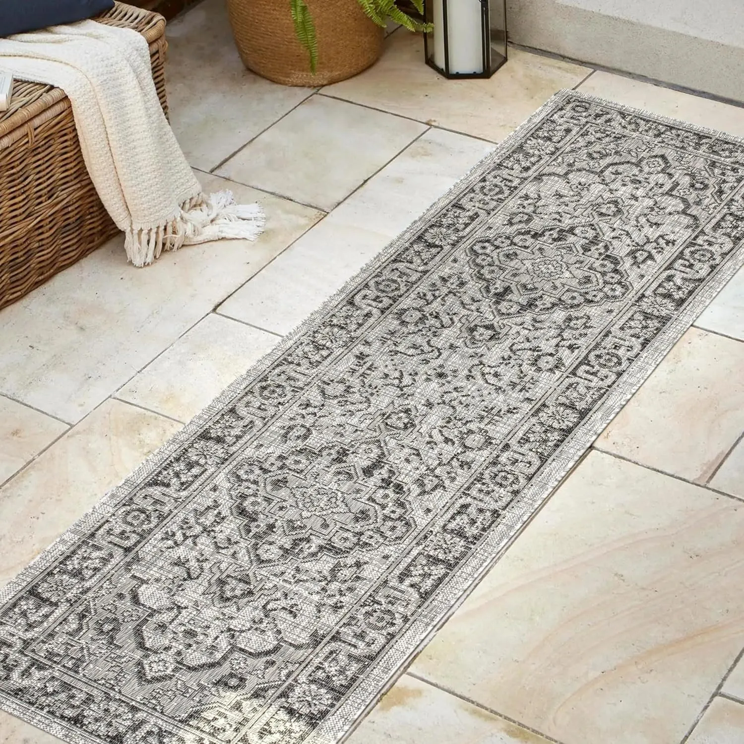 JONATHAN Y SMB102D-28 Rozetta Boho Medallion Textured Weave Indoor Outdoor Runner Rug Coastal Bohemian Rustic Glam Easy -Cleaning Bedroom Kitchen Backyard Patio Non Shedding, 2 X 8, Gray/Black
