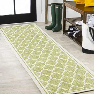JONATHAN Y SMB109G-28 Trebol Moroccan Trellis Textured Weave Indoor Outdoor Runner Rug, Modern, Coastal, Casual Easy-Cleaning,Bedroom,Kitchen,Backyard,Patio,Non Shedding, Green/Cream, 2 X 8