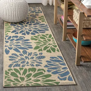 JONATHAN Y SMB110B-210 Zinnia Modern Floral Textured Weave Indoor Outdoor -Runner Rug Bohemian Coastal Easy-Cleaning Bedroom Kitchen Backyard Patio Non Shedding, 2 X 10, Navy/Green