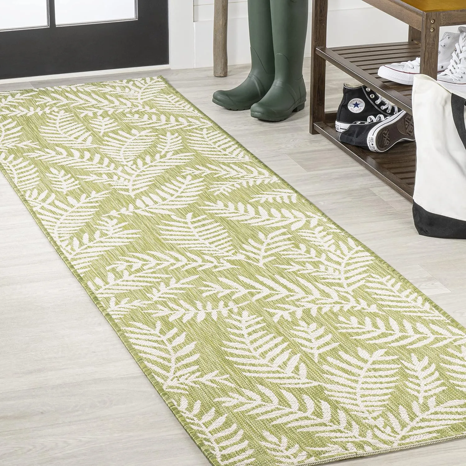 JONATHAN Y SMB119D-210 Nevis Palm Frond Indoor Outdoor Runner Rug, Coastal Casual Country Easy Cleaning,Bedroom,Kitchen,Backyard,Patio,Non Shedding 2 X 10, Green/Cream