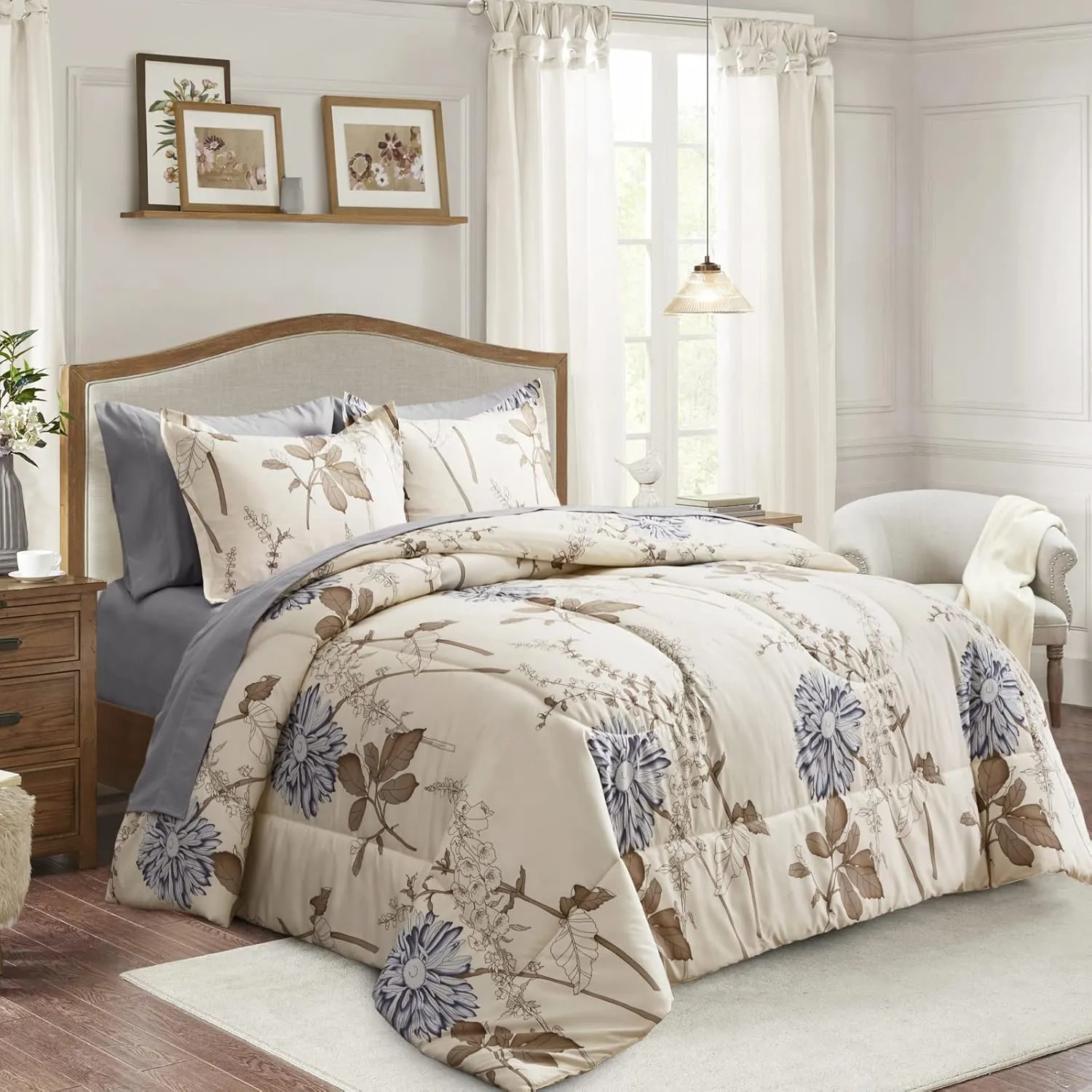 Joyreap 7 Piece Bed in a Bag Queen, Elegant Flower Botanical Smooth Soft Microfiber Floral Comforter Set for All Season (1 Comforter, 2 Pillow Shams, 1 Flat Sheet, 1 Fitted Sheet, 2 Pillowcases)