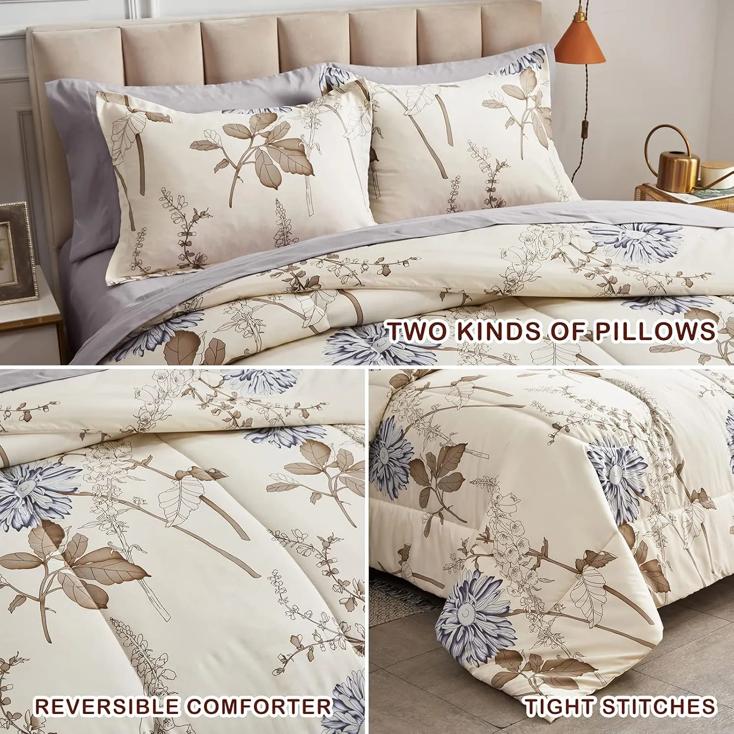 Joyreap 7 Piece Bed in a Bag Queen, Elegant Flower Botanical Smooth Soft Microfiber Floral Comforter Set for All Season (1 Comforter, 2 Pillow Shams, 1 Flat Sheet, 1 Fitted Sheet, 2 Pillowcases)