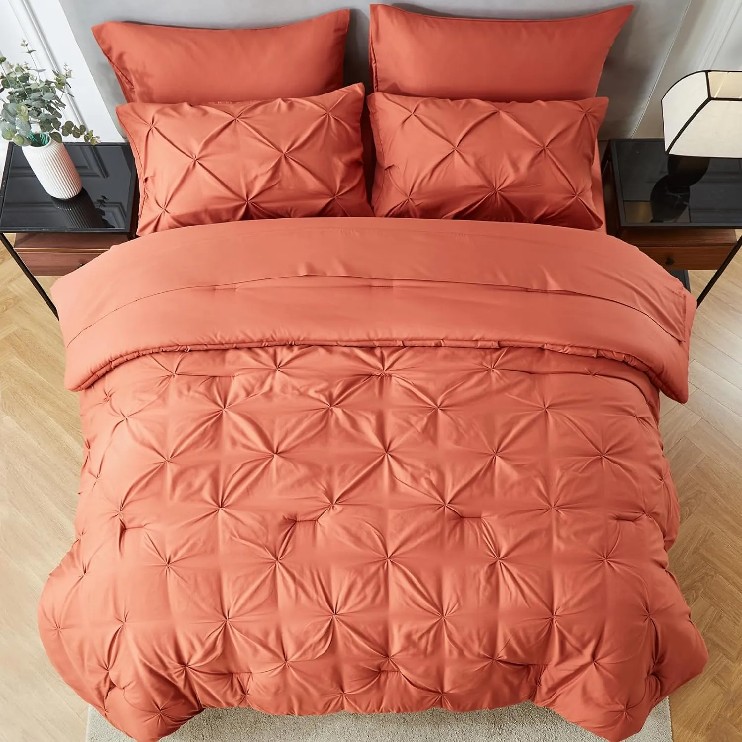 KAKIJUMN 7 Piece King Bed in a Bag Pintuck Bedding Comforter Set(BurntOrange,King)
