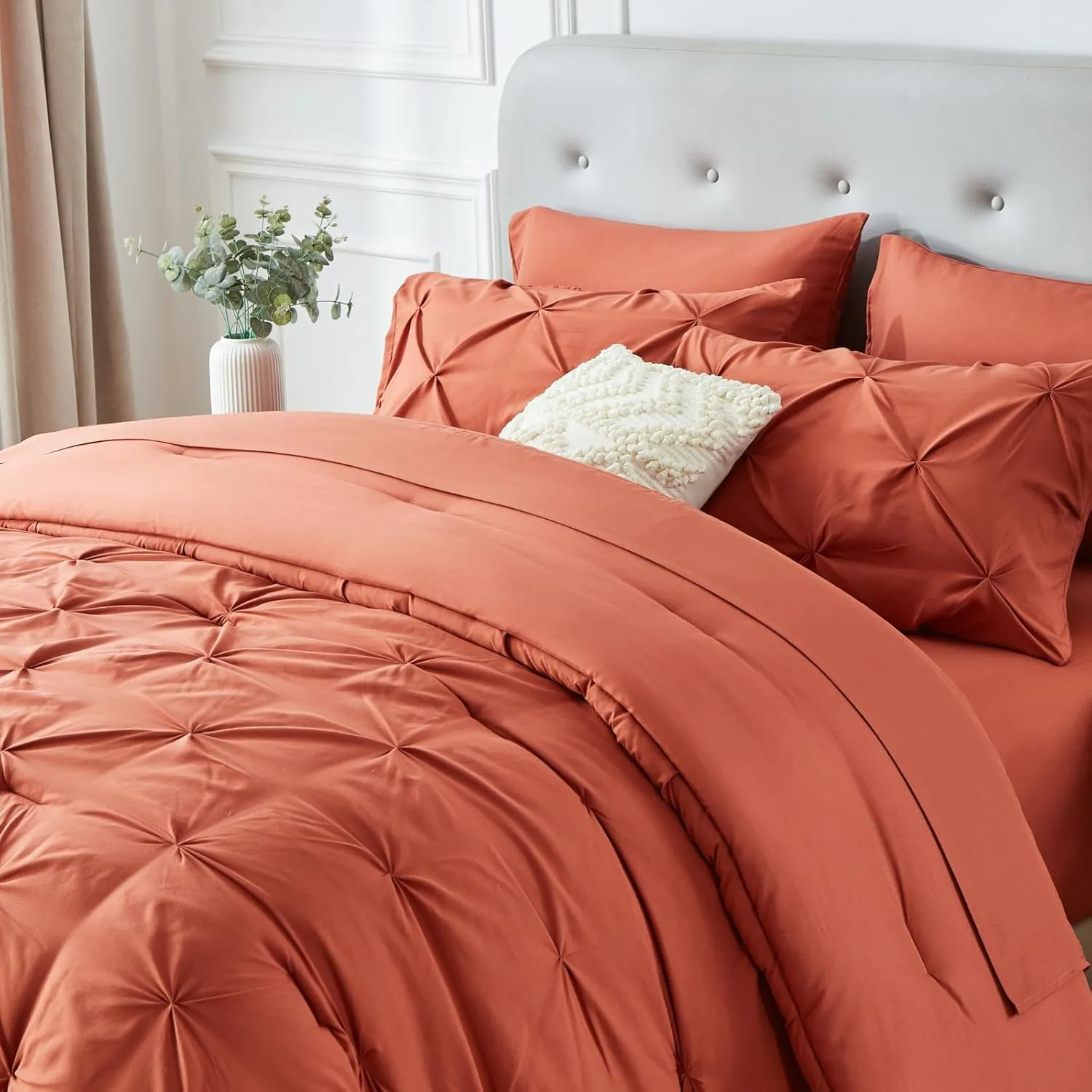 KAKIJUMN 7 Piece King Bed in a Bag Pintuck Bedding Comforter Set(BurntOrange,King)
