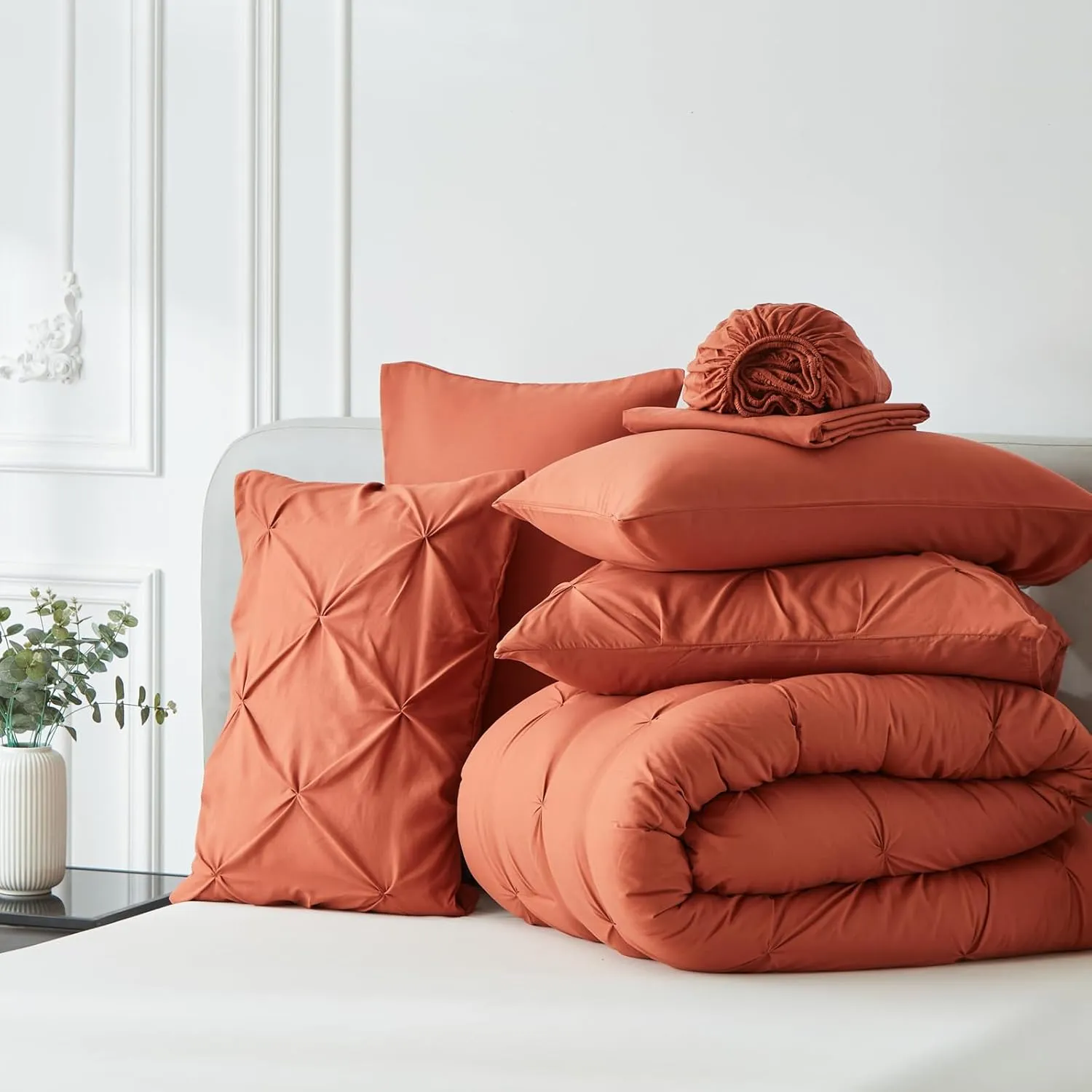 KAKIJUMN 7 Piece King Bed in a Bag Pintuck Bedding Comforter Set(BurntOrange,King)