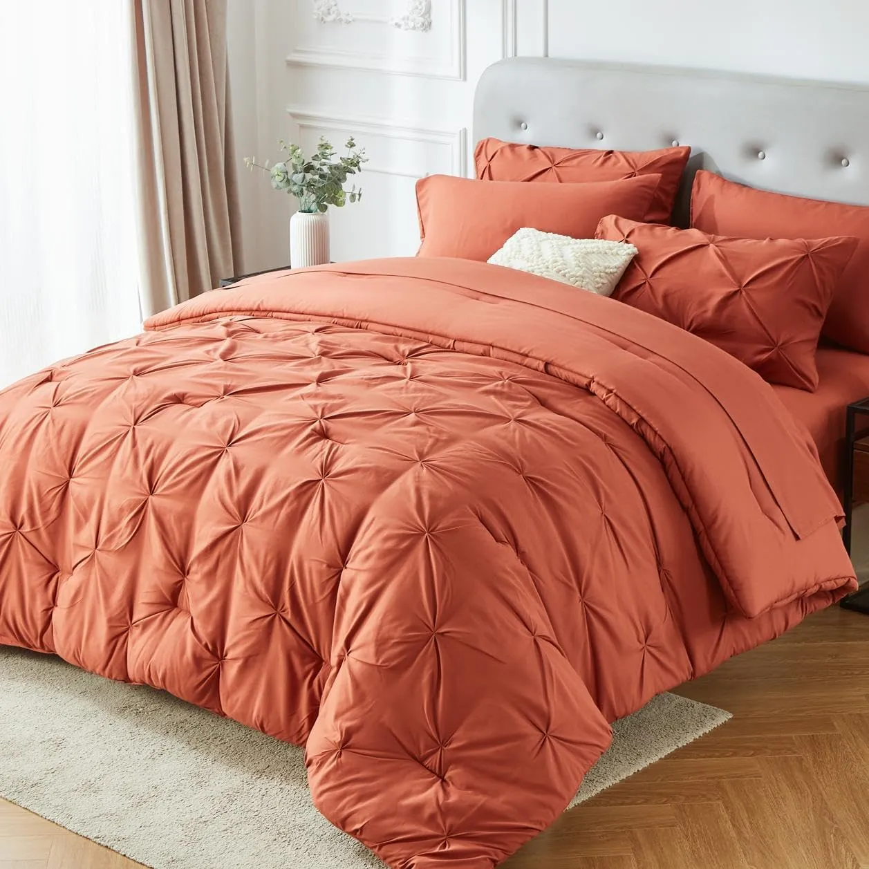 KAKIJUMN 7 Piece King Bed in a Bag Pintuck Bedding Comforter Set(BurntOrange,King)