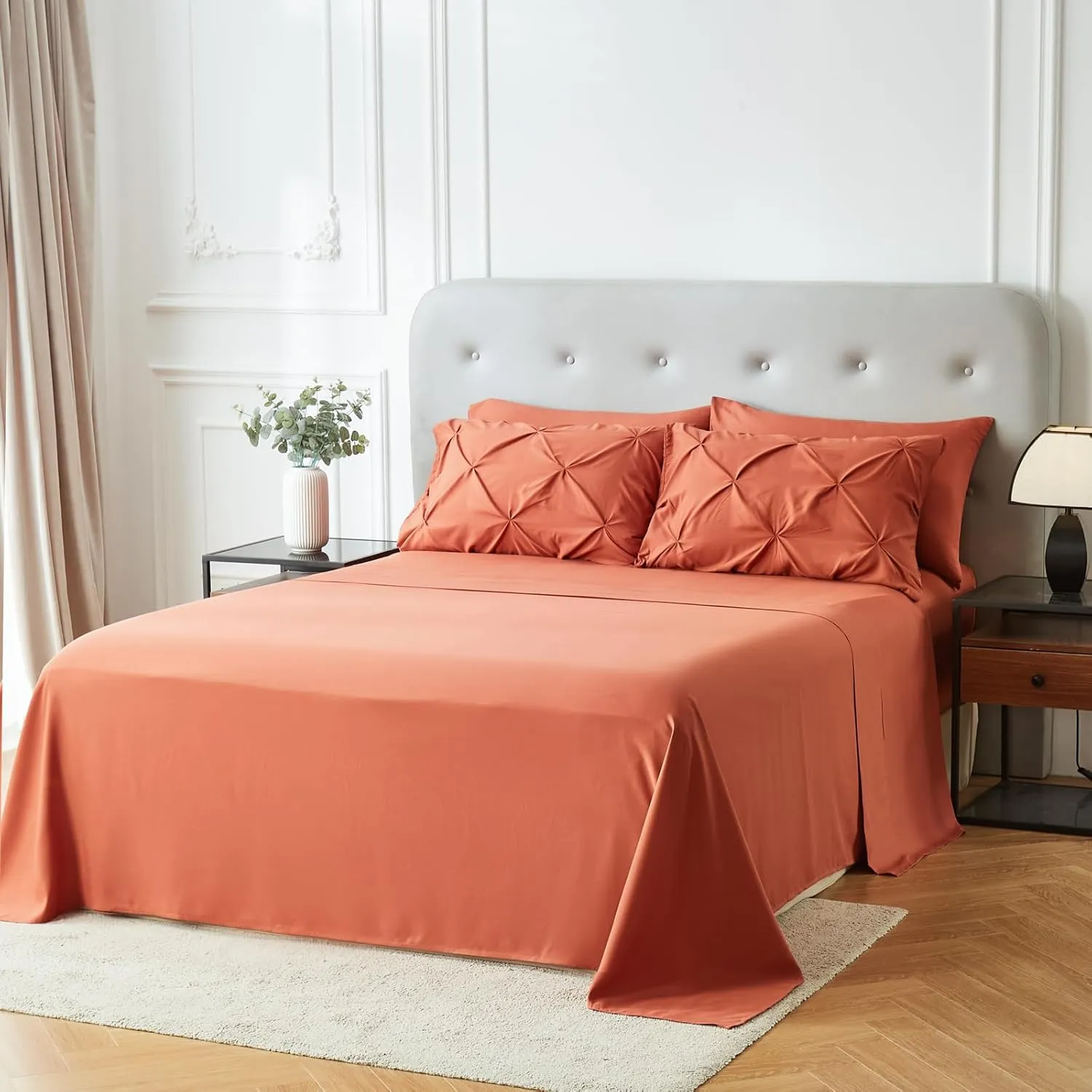 KAKIJUMN 7 Piece King Bed in a Bag Pintuck Bedding Comforter Set(BurntOrange,King)