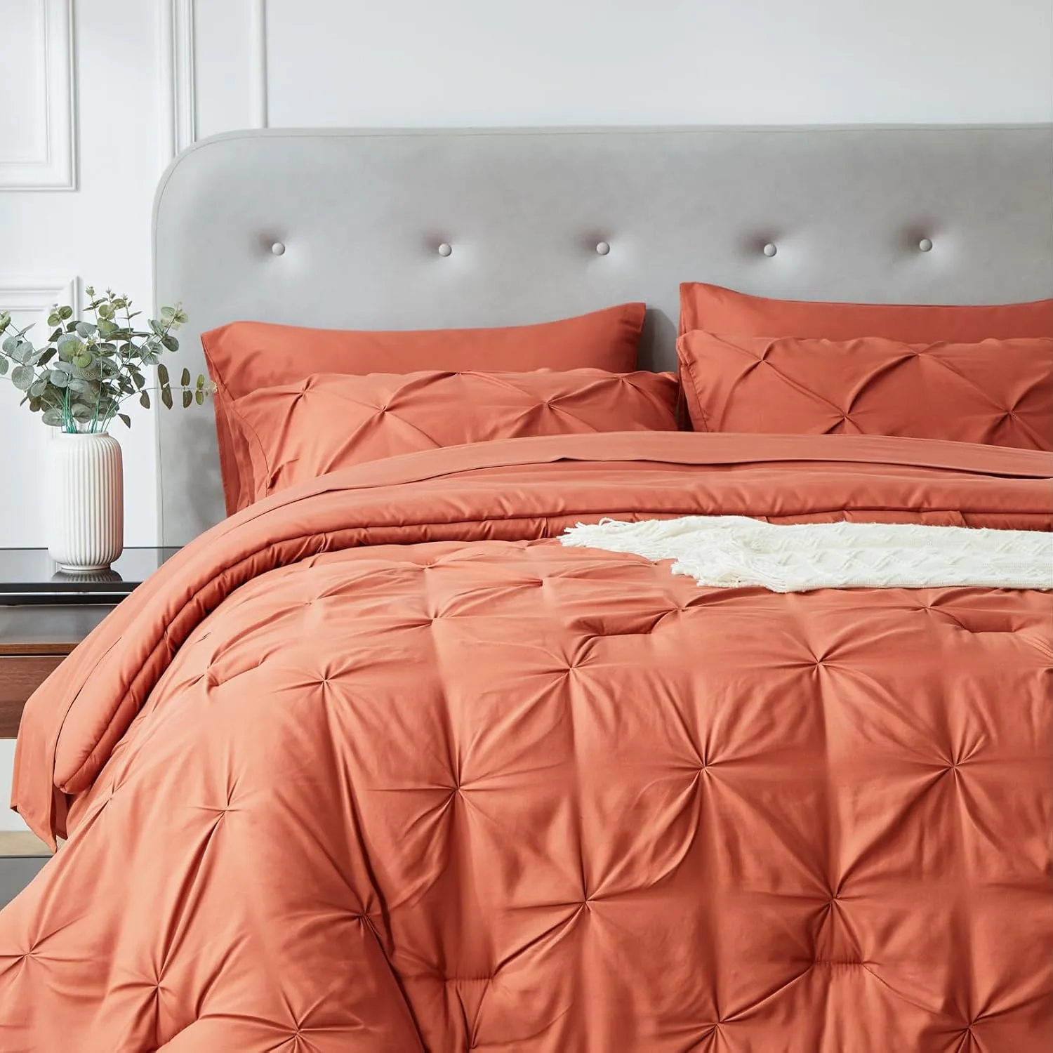 KAKIJUMN 7 Piece King Bed in a Bag Pintuck Bedding Comforter Set(BurntOrange,King)