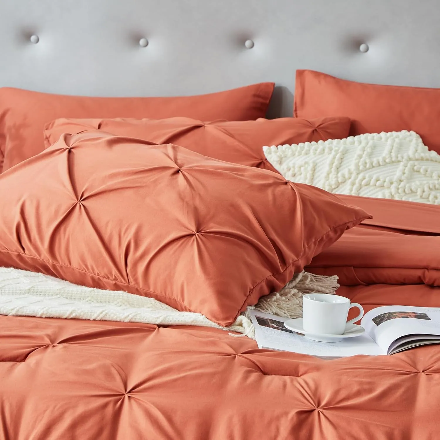 KAKIJUMN 7 Piece King Bed in a Bag Pintuck Bedding Comforter Set(BurntOrange,King)