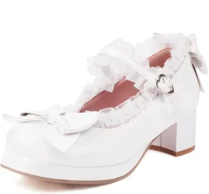 Kawaii Mid Block Heel Mary Janes Platform Rockabilly Shoes Patent Chunky Heels Pumps Sweet Cute with Bow