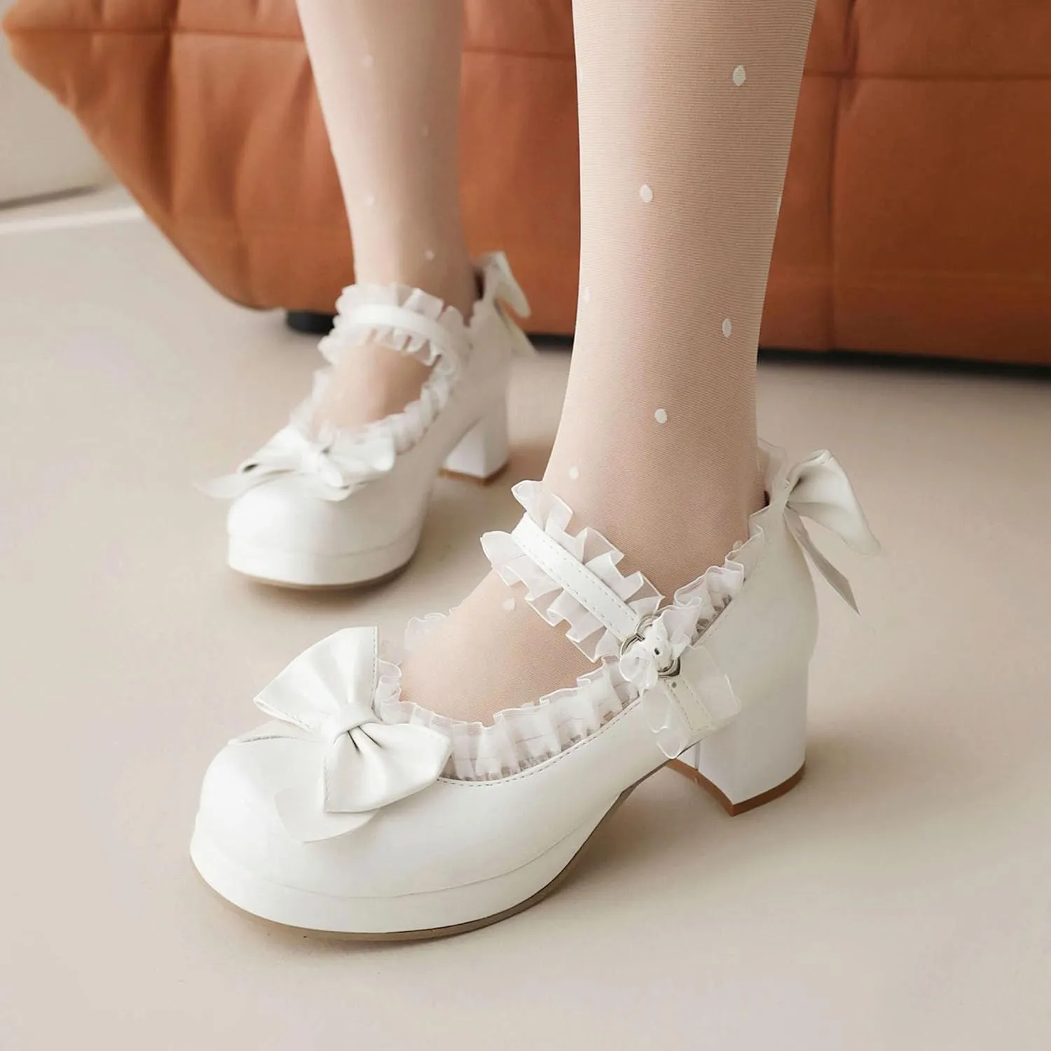 Kawaii Mid Block Heel Mary Janes Platform Rockabilly Shoes Patent Chunky Heels Pumps Sweet Cute with Bow