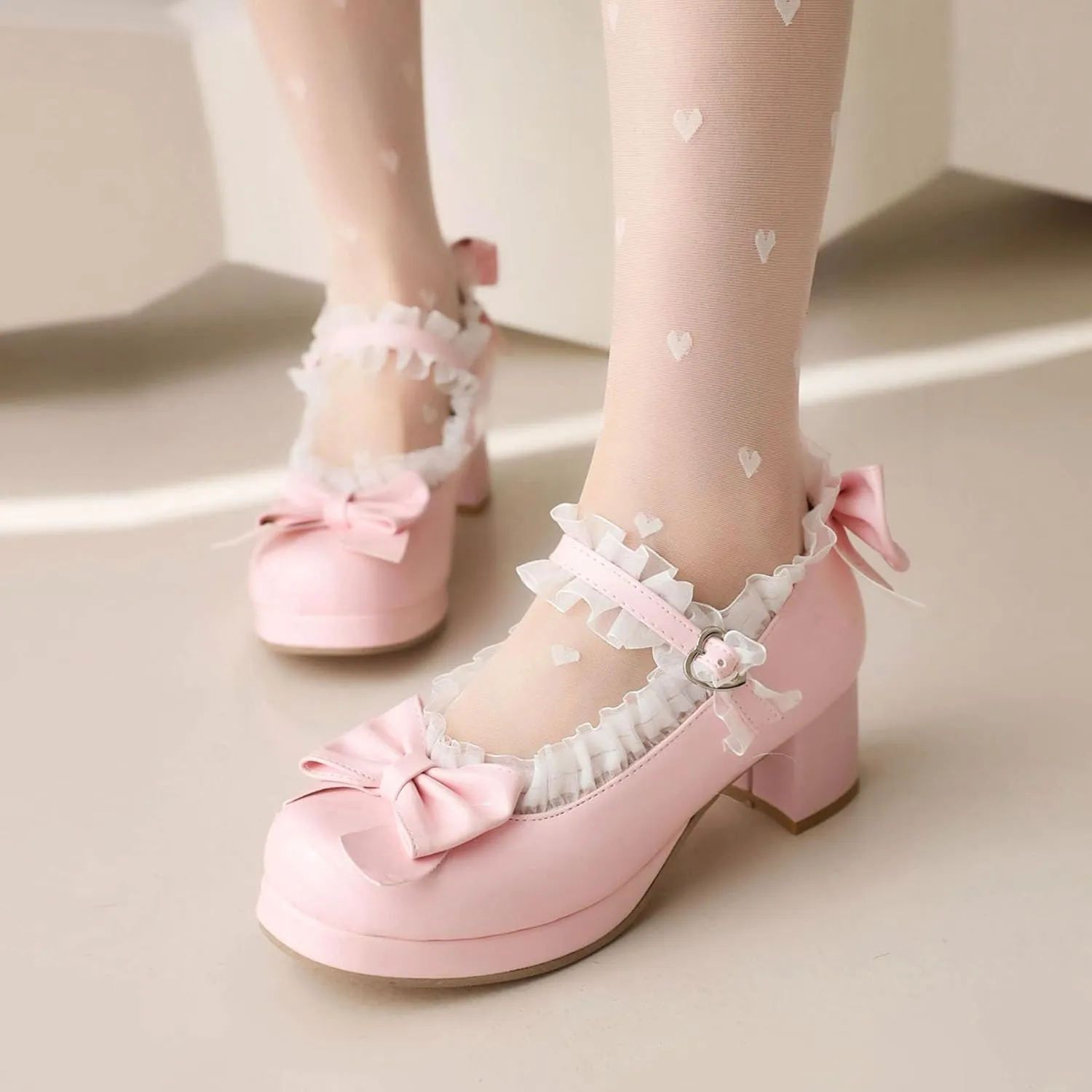 Kawaii Mid Block Heel Mary Janes Platform Rockabilly Shoes Patent Chunky Heels Pumps Sweet Cute with Bow