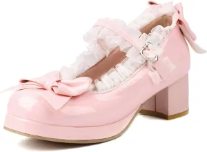 Kawaii Mid Block Heel Mary Janes Platform Rockabilly Shoes Patent Chunky Heels Pumps Sweet Cute with Bow