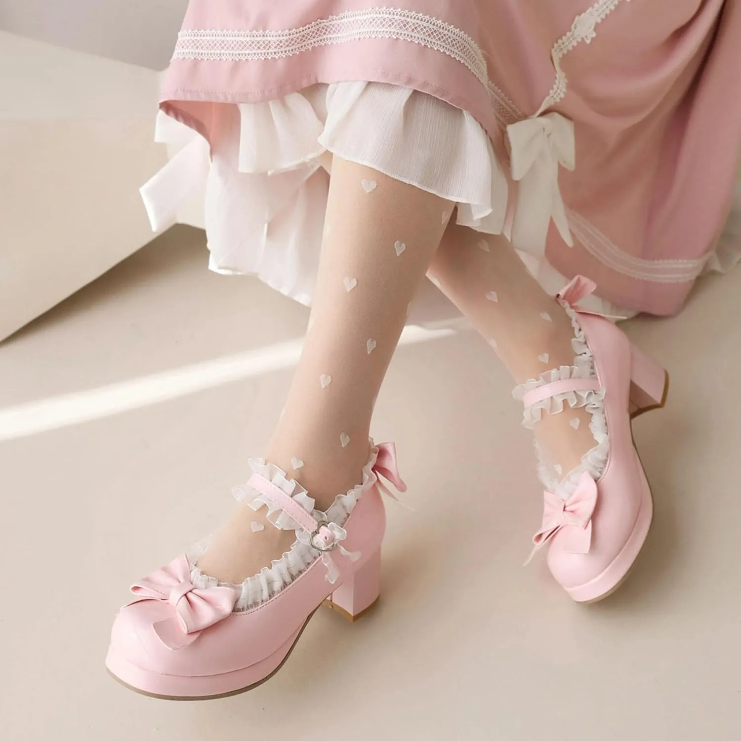 Kawaii Mid Block Heel Mary Janes Platform Rockabilly Shoes Patent Chunky Heels Pumps Sweet Cute with Bow
