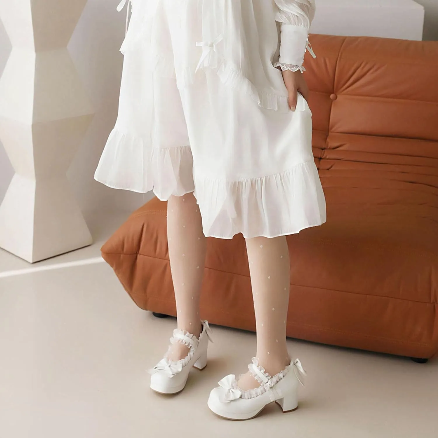 Kawaii Mid Block Heel Mary Janes Platform Rockabilly Shoes Patent Chunky Heels Pumps Sweet Cute with Bow