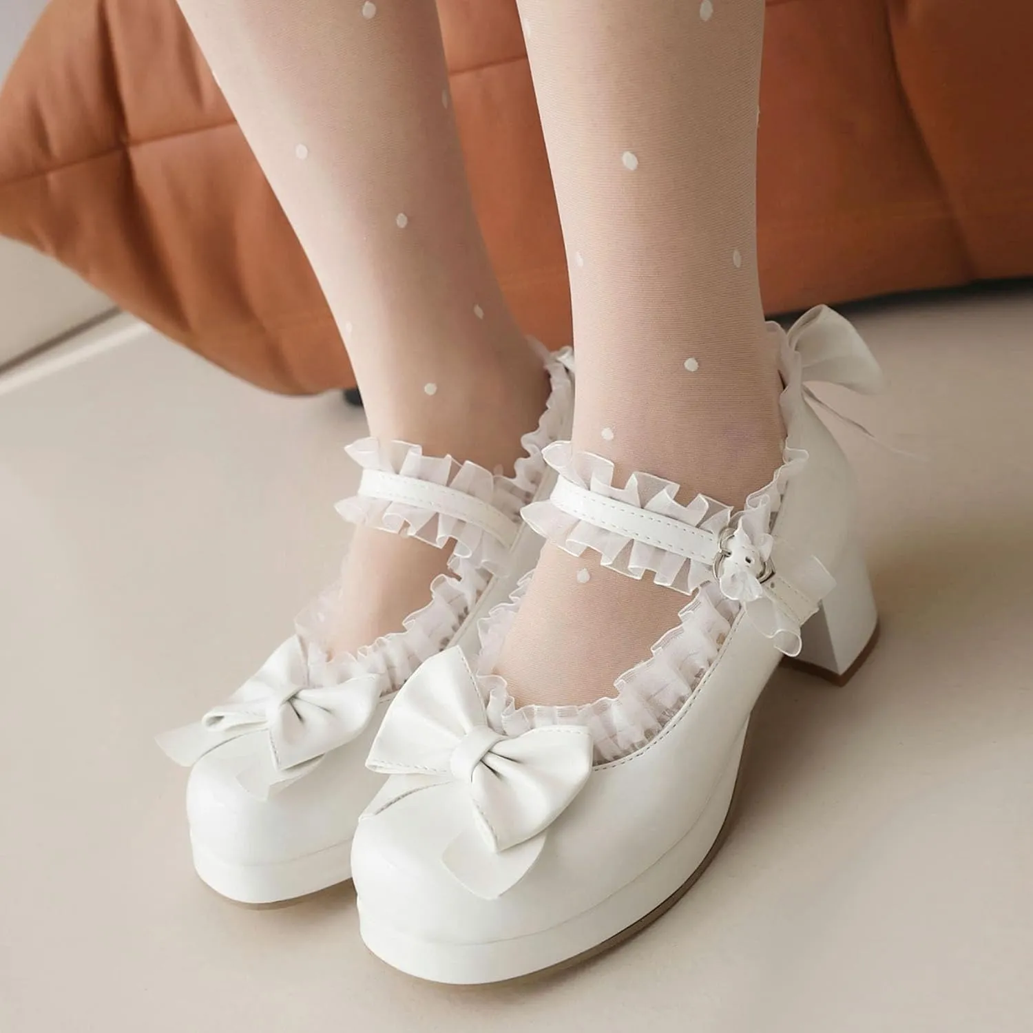 Kawaii Mid Block Heel Mary Janes Platform Rockabilly Shoes Patent Chunky Heels Pumps Sweet Cute with Bow