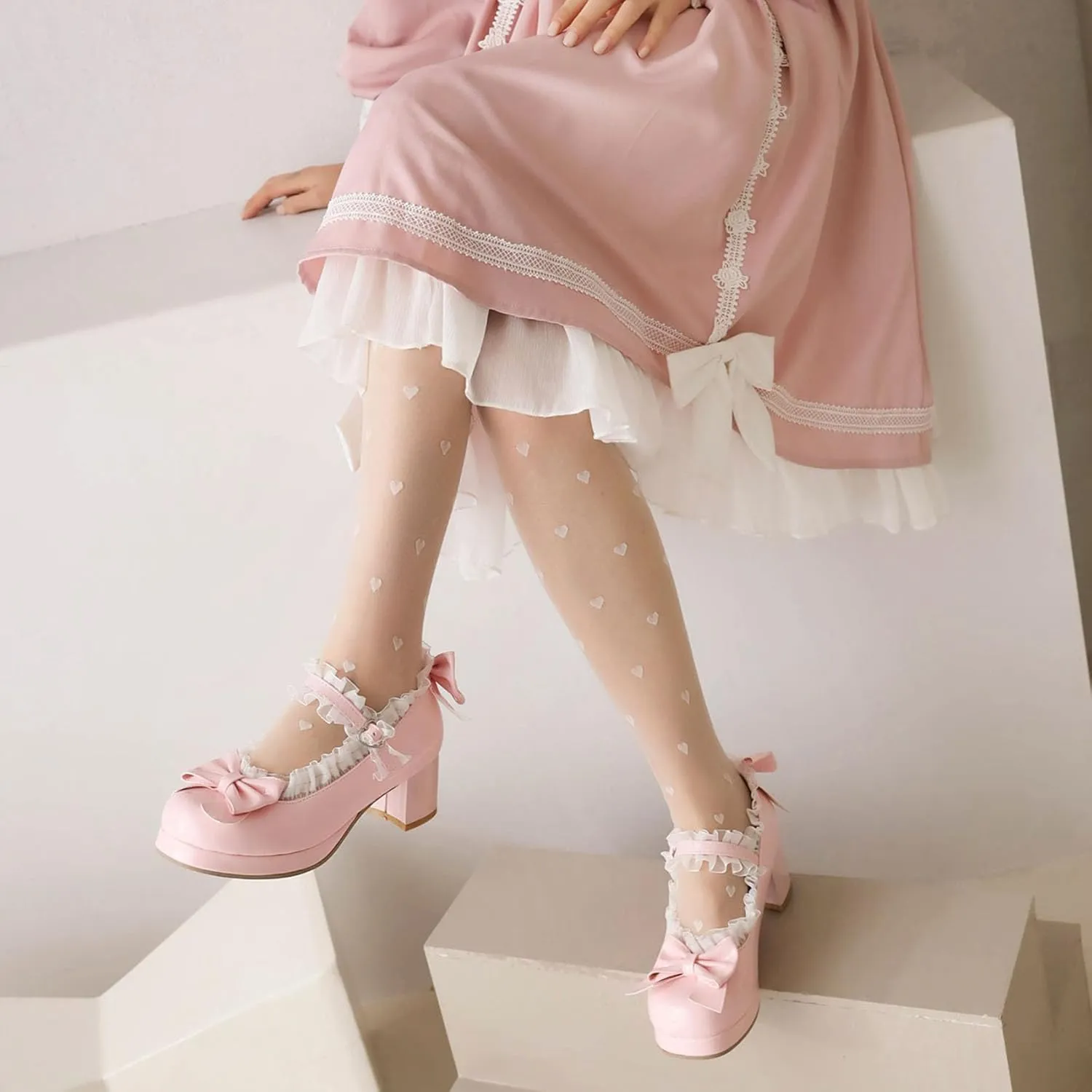 Kawaii Mid Block Heel Mary Janes Platform Rockabilly Shoes Patent Chunky Heels Pumps Sweet Cute with Bow