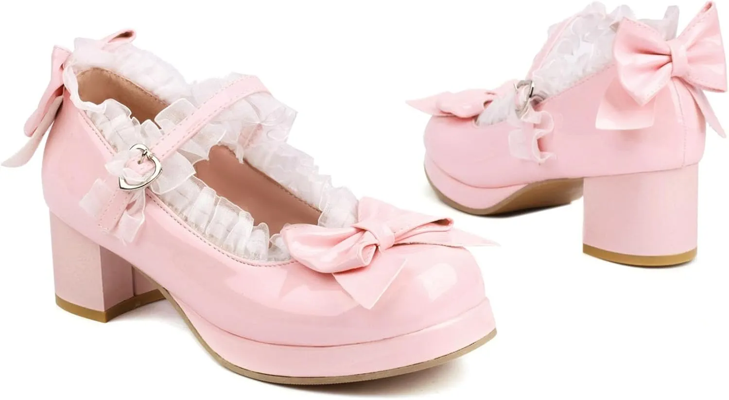 Kawaii Mid Block Heel Mary Janes Platform Rockabilly Shoes Patent Chunky Heels Pumps Sweet Cute with Bow