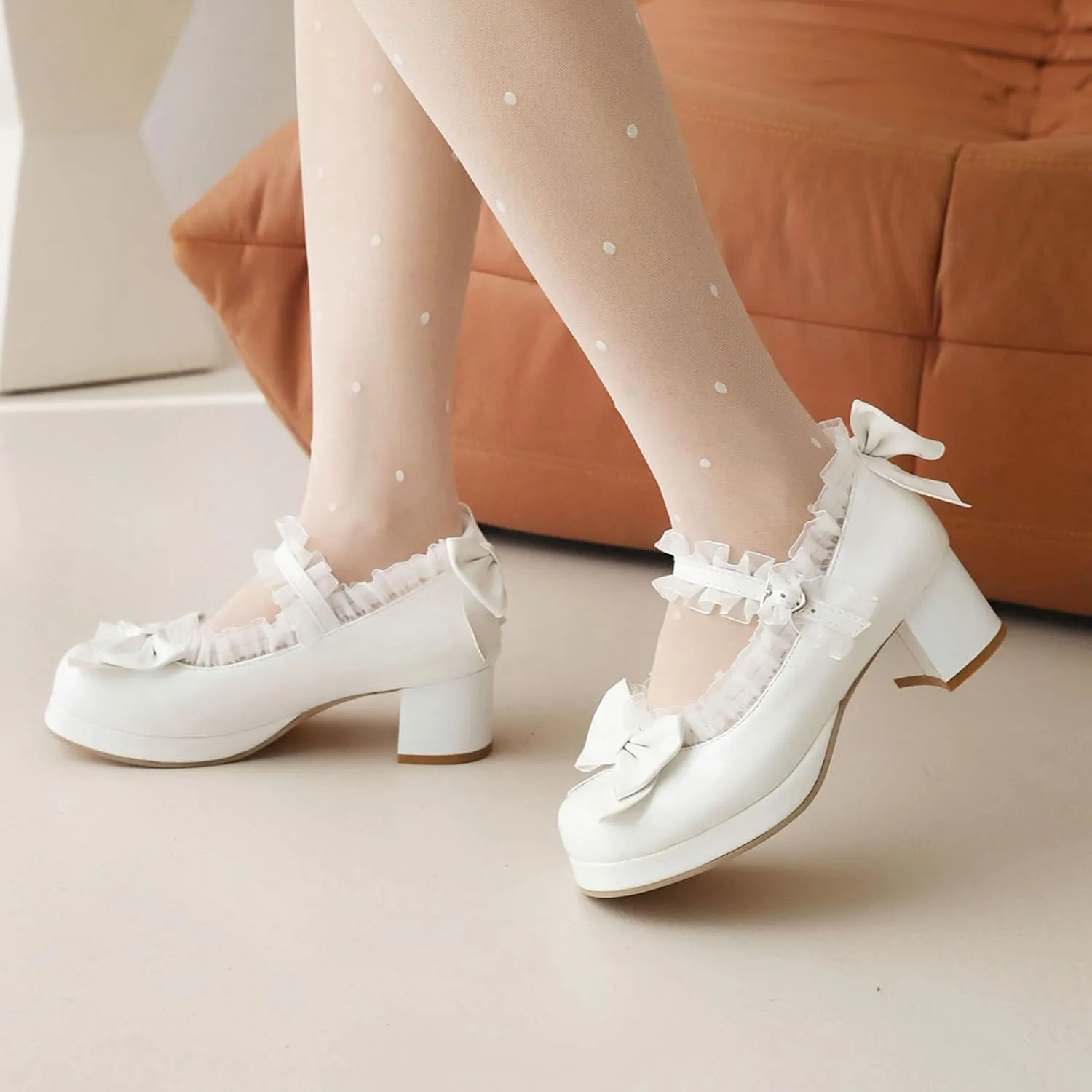 Kawaii Mid Block Heel Mary Janes Platform Rockabilly Shoes Patent Chunky Heels Pumps Sweet Cute with Bow