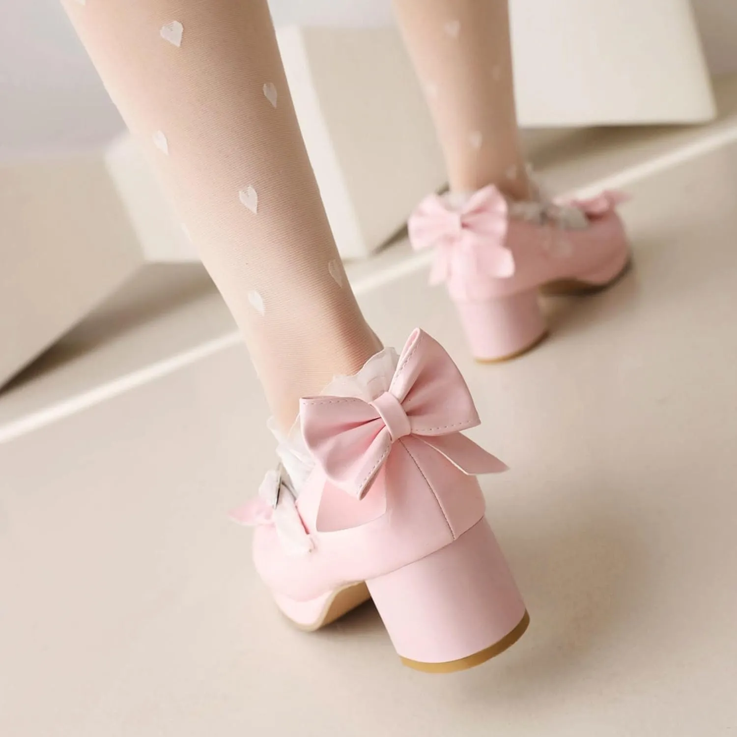 Kawaii Mid Block Heel Mary Janes Platform Rockabilly Shoes Patent Chunky Heels Pumps Sweet Cute with Bow