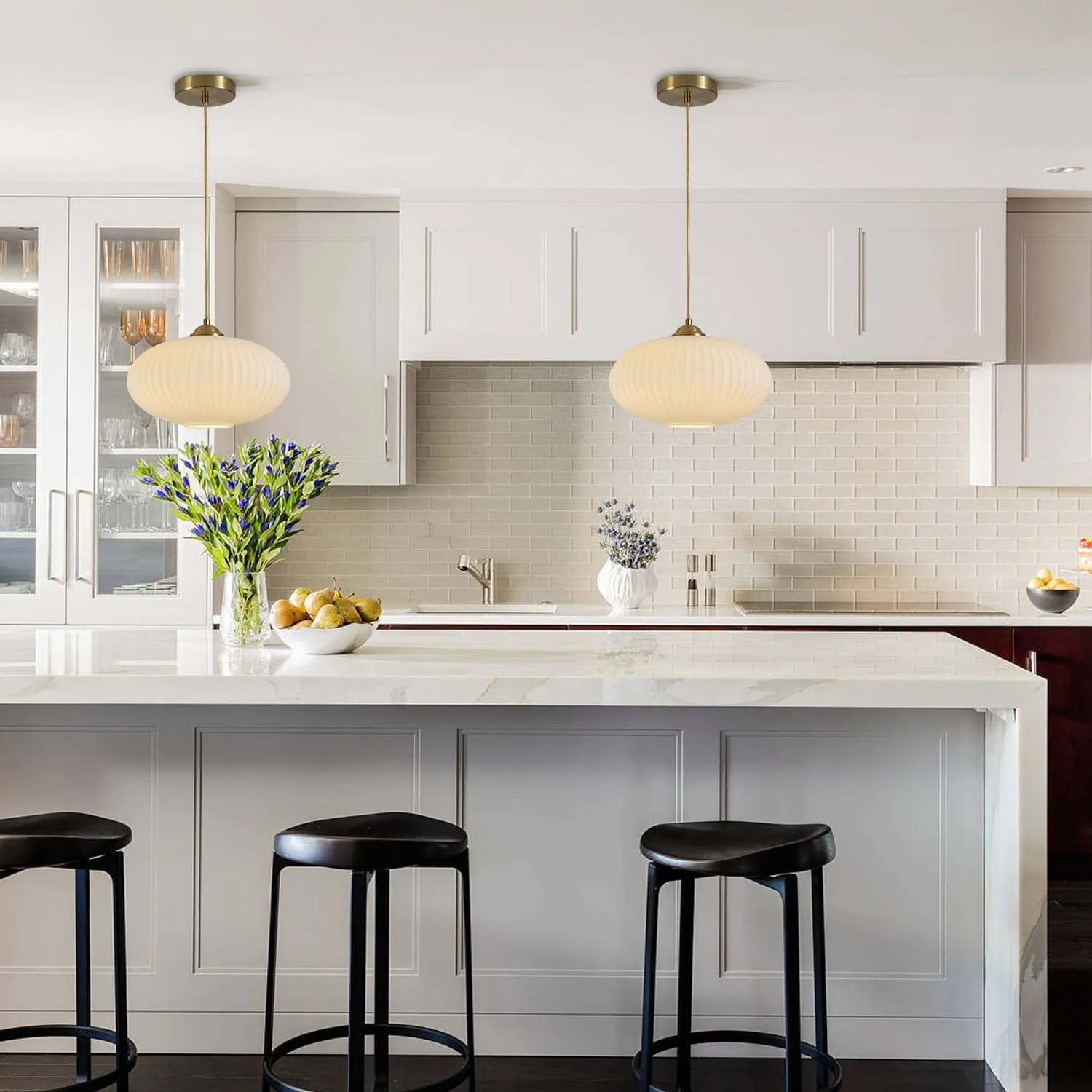 KCO Lighting Mid Century Modern Gold Globe Pendant Lighting Brushed Brass White Opal Glass Pendant Light Antique Farmhouse Single Hanging Kitchen Island Lighting Fixture
