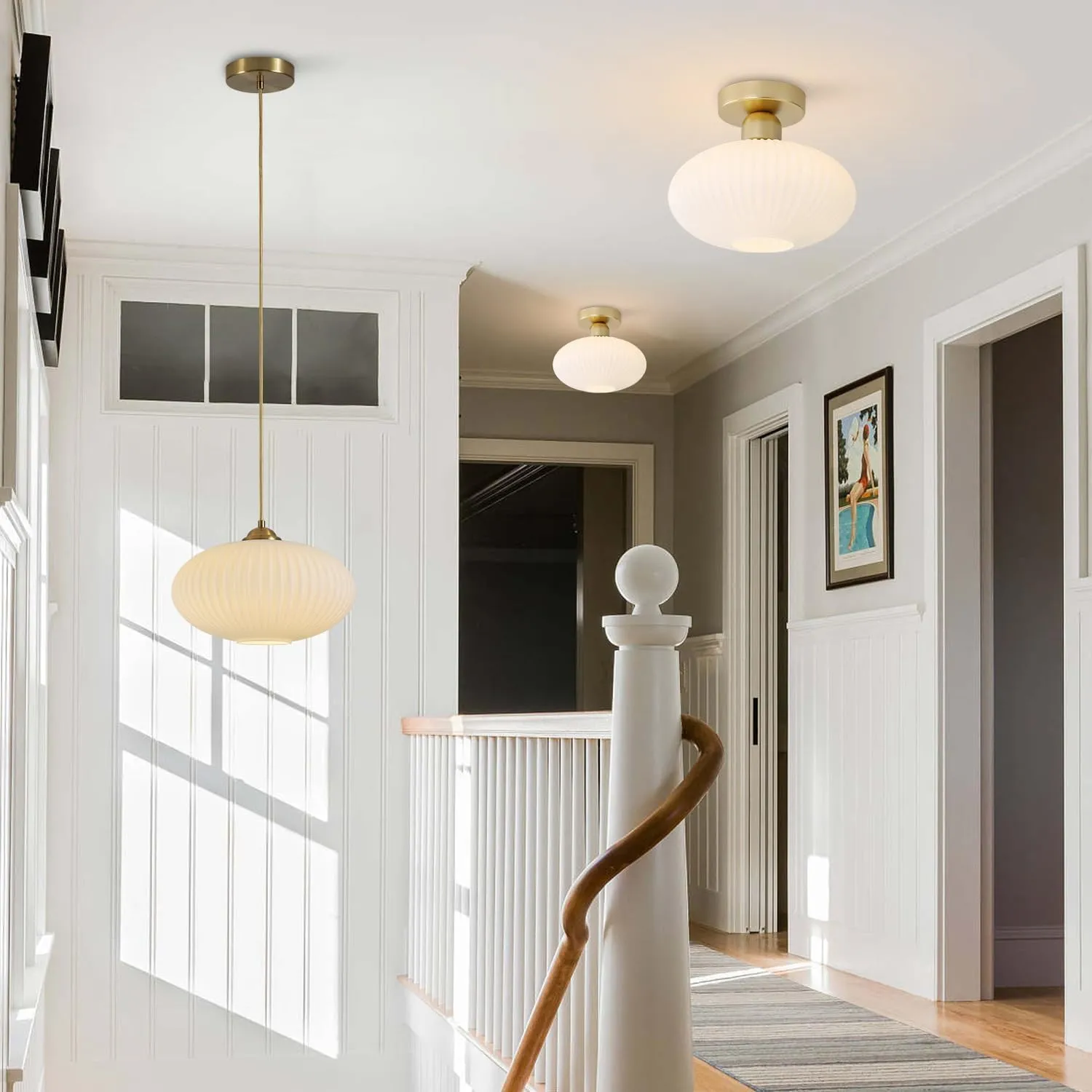KCO Lighting Mid Century Modern Gold Globe Pendant Lighting Brushed Brass White Opal Glass Pendant Light Antique Farmhouse Single Hanging Kitchen Island Lighting Fixture