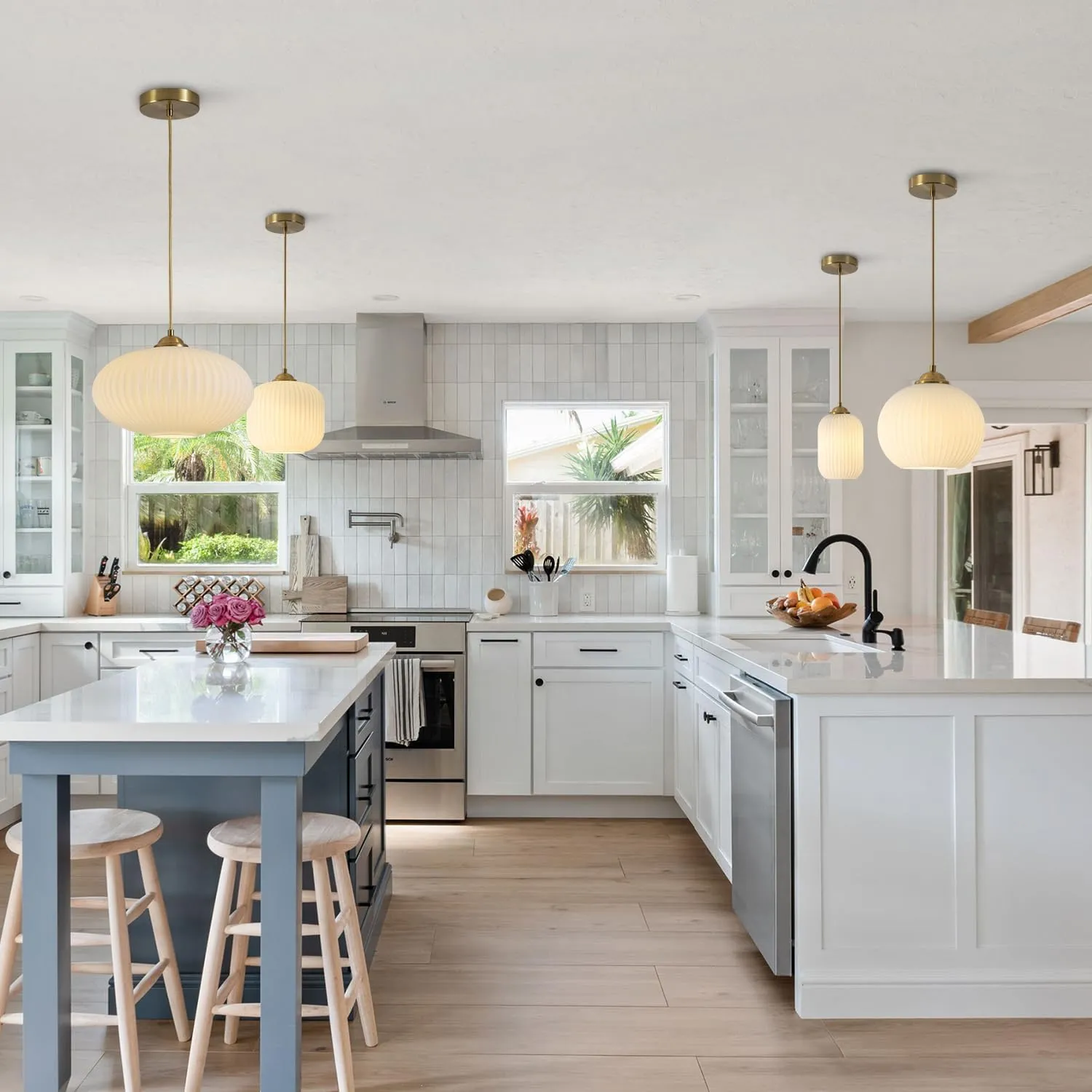 KCO Lighting Mid Century Modern Gold Globe Pendant Lighting Brushed Brass White Opal Glass Pendant Light Antique Farmhouse Single Hanging Kitchen Island Lighting Fixture