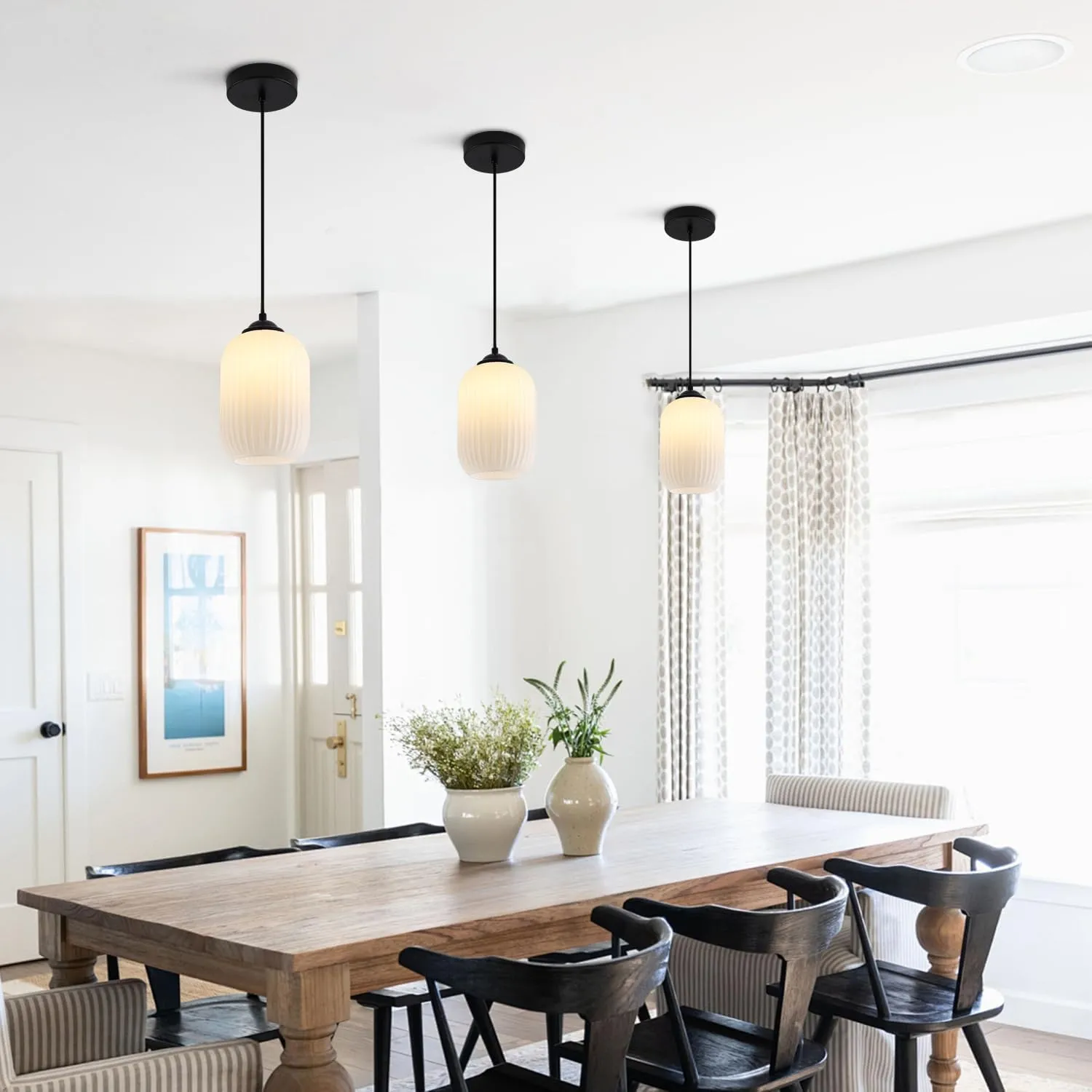 KCO Lighting Small Black Pendant Lighting Striped Glass Pendant Light Milk Glass Pendant Lights Kitchen Island Modern Farmhouse Hanging Pendant Light for Dining Room Living Room