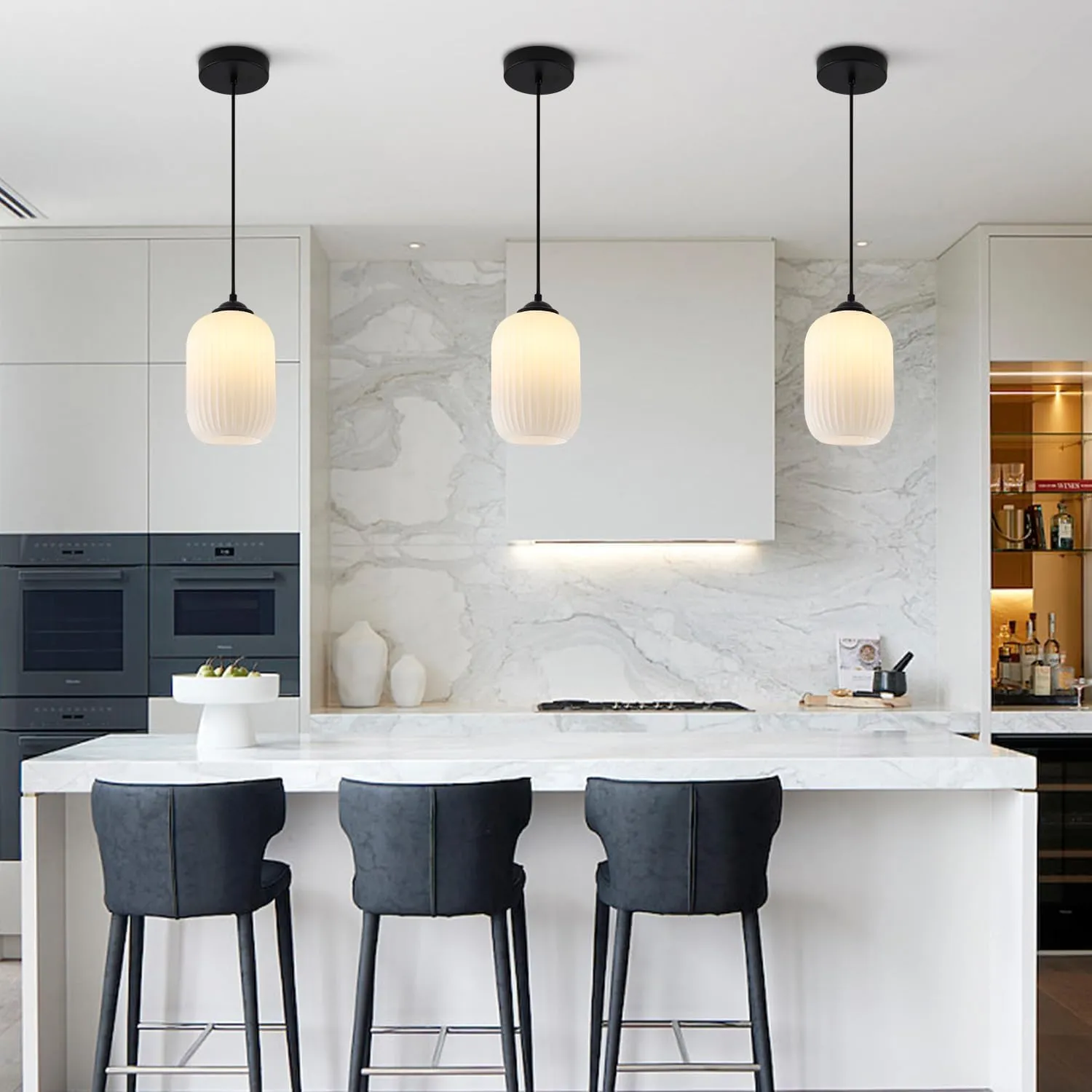 KCO Lighting Small Black Pendant Lighting Striped Glass Pendant Light Milk Glass Pendant Lights Kitchen Island Modern Farmhouse Hanging Pendant Light for Dining Room Living Room