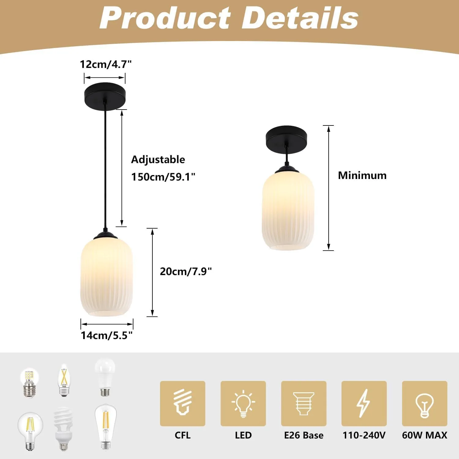 KCO Lighting Small Black Pendant Lighting Striped Glass Pendant Light Milk Glass Pendant Lights Kitchen Island Modern Farmhouse Hanging Pendant Light for Dining Room Living Room