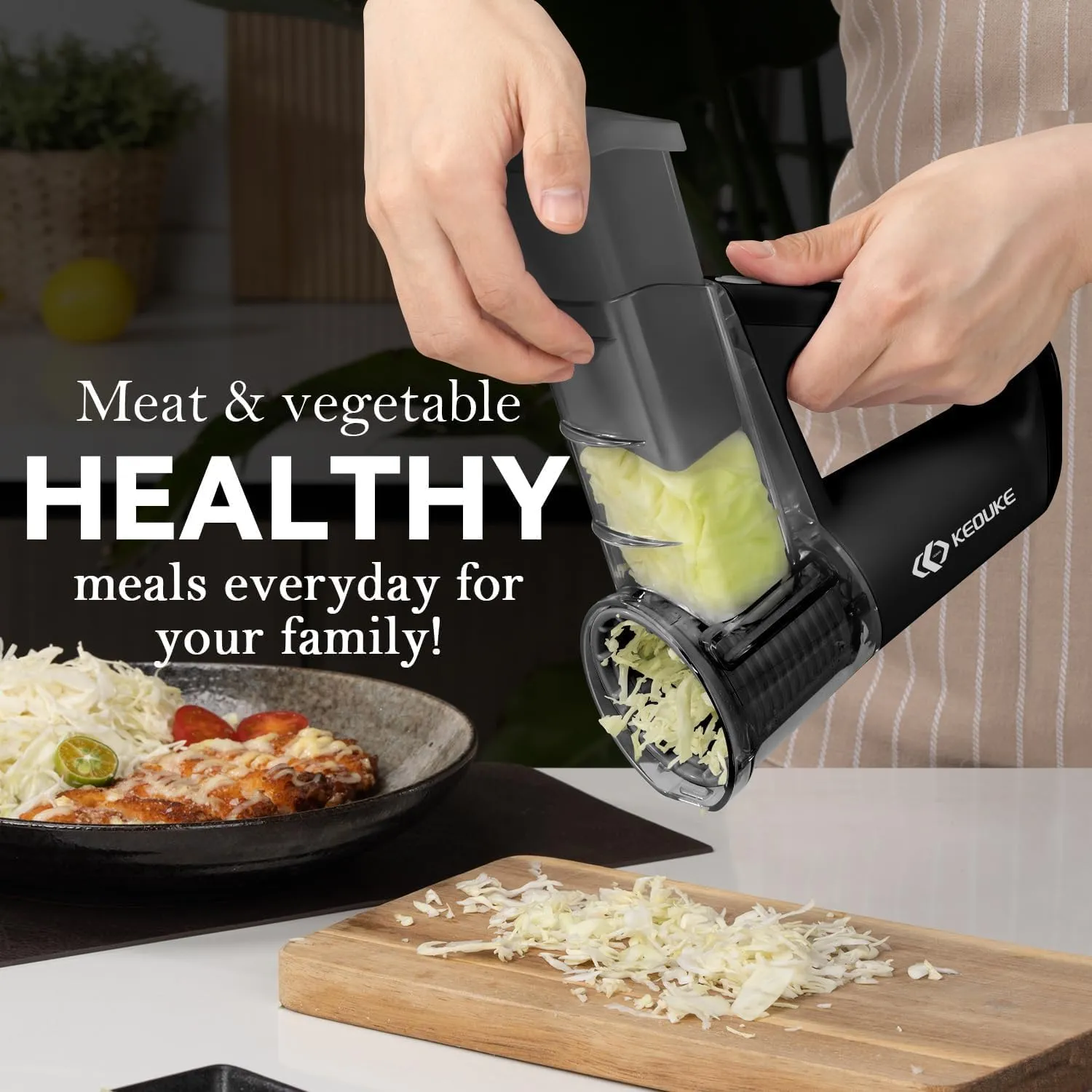 KEOUKE Electric Vegetable Slicer Handheld Cordless Salad Shooter One Touch Easy Control Rotary Grater Vegetable Shredder with Ice Shaving Blade, 4 Blades, Dual Storage Cups, Upgraded Safety, Black
