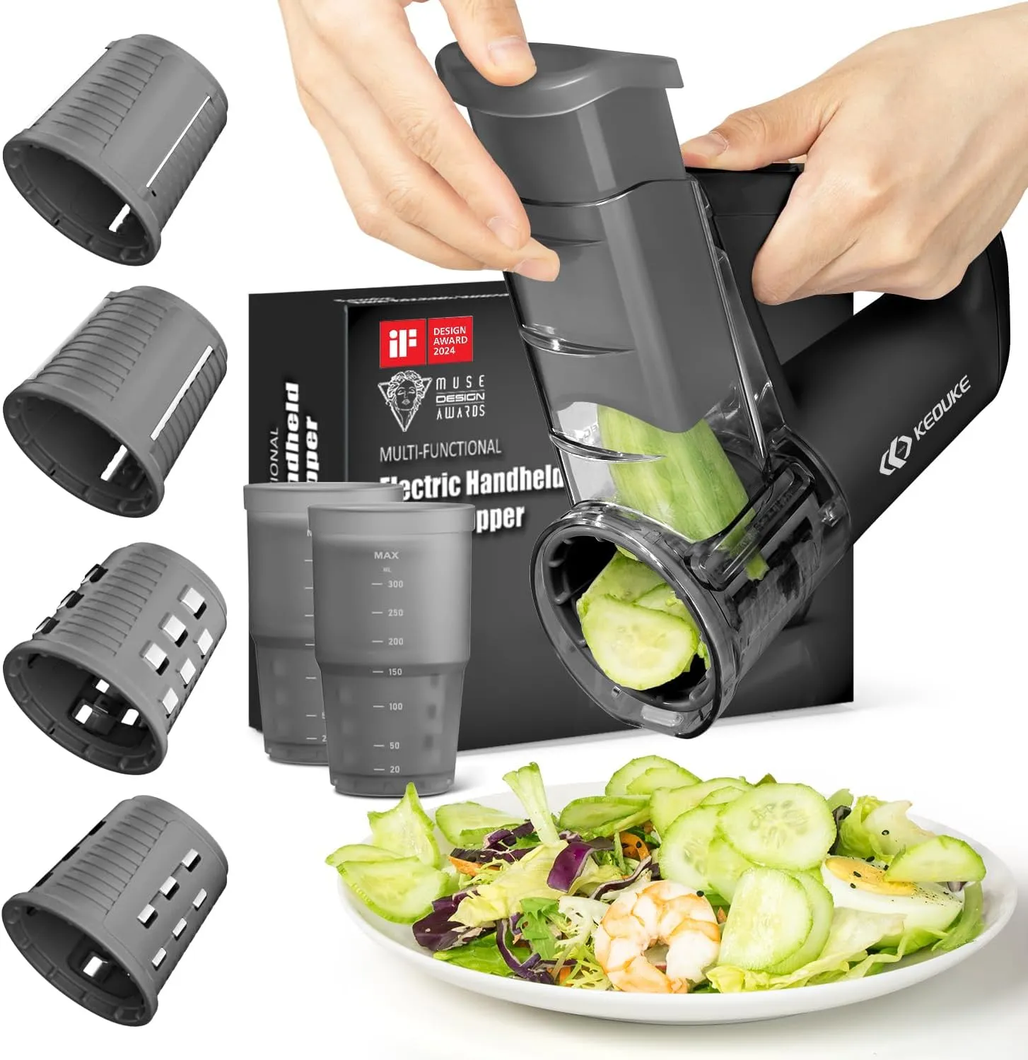 KEOUKE Electric Vegetable Slicer Handheld Cordless Salad Shooter One Touch Easy Control Rotary Grater Vegetable Shredder with Ice Shaving Blade, 4 Blades, Dual Storage Cups, Upgraded Safety, Black