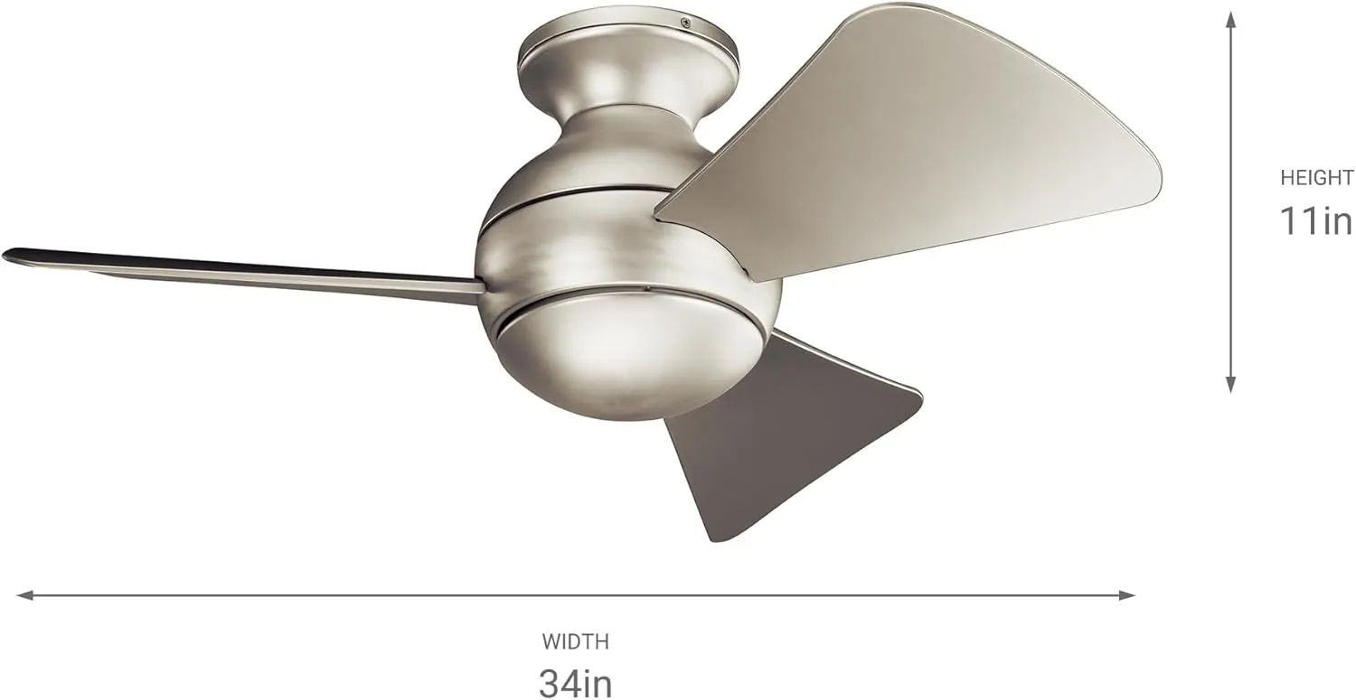 Kichler Sola 34" LED Indoor Outdoor Ceiling Fan in Brushed Nickel, 3-Blade, 3000K, (34" W x 11" H), 330150NI