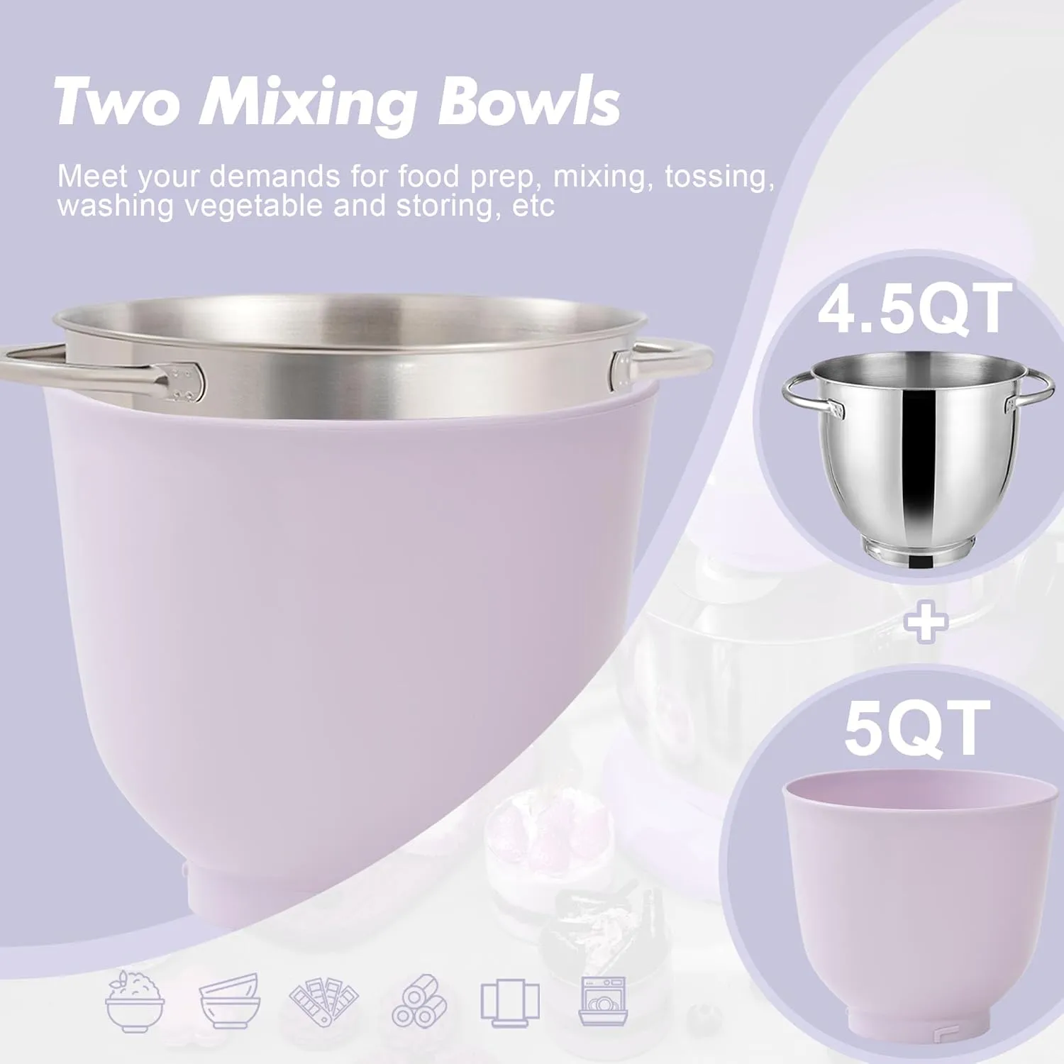 Kitchen in the box Stand Mixer, 4.5QT 5QT Two bowls Electric Food Mixer, 10 Speeds 3-IN-1 Kitchen Mixer for Daily Use with Egg Whisk,Dough Hook,Flat Beater (Lilac, 5QT)