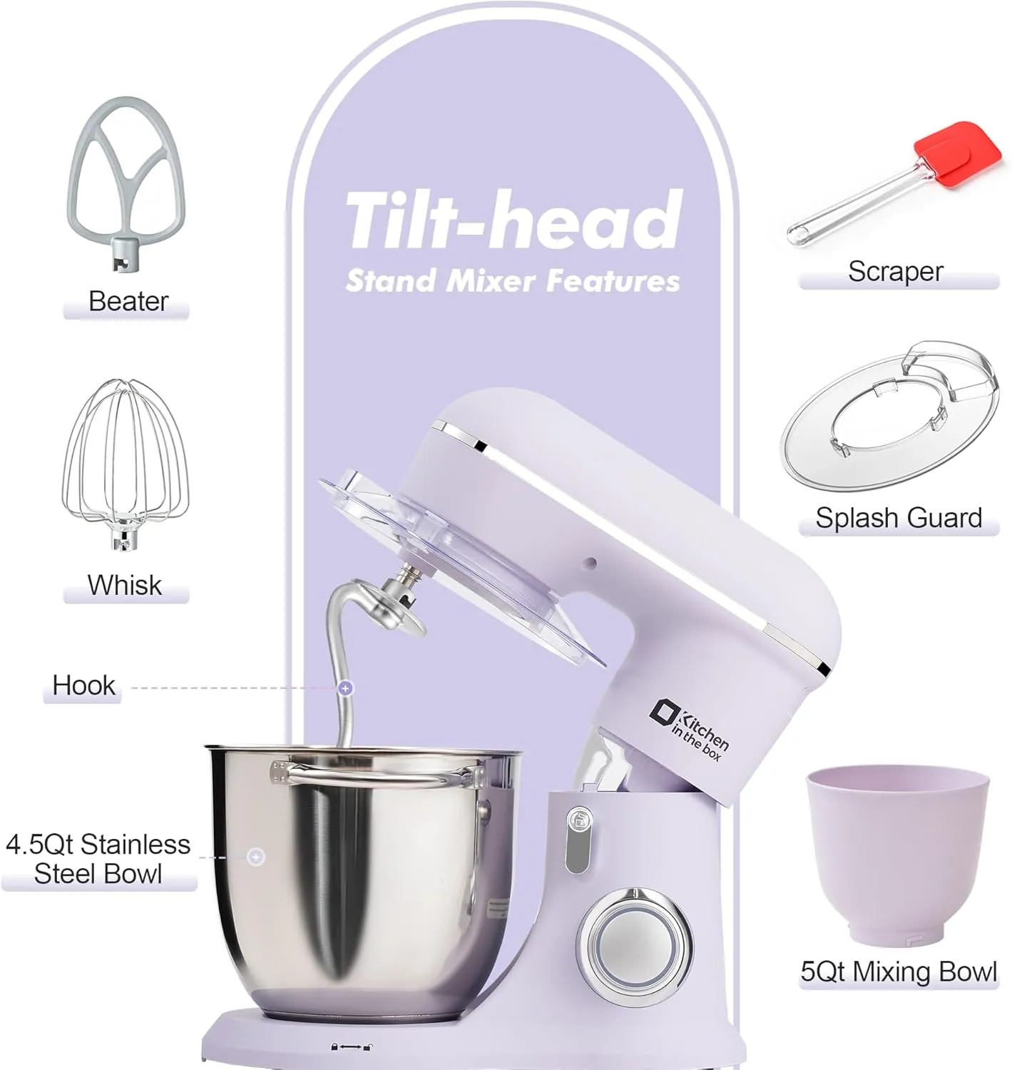 Kitchen in the box Stand Mixer, 4.5QT 5QT Two bowls Electric Food Mixer, 10 Speeds 3-IN-1 Kitchen Mixer for Daily Use with Egg Whisk,Dough Hook,Flat Beater (Lilac, 5QT)