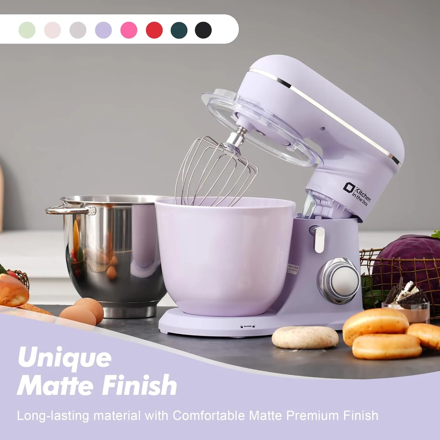 Kitchen in the box Stand Mixer, 4.5QT 5QT Two bowls Electric Food Mixer, 10 Speeds 3-IN-1 Kitchen Mixer for Daily Use with Egg Whisk,Dough Hook,Flat Beater (Lilac, 5QT)