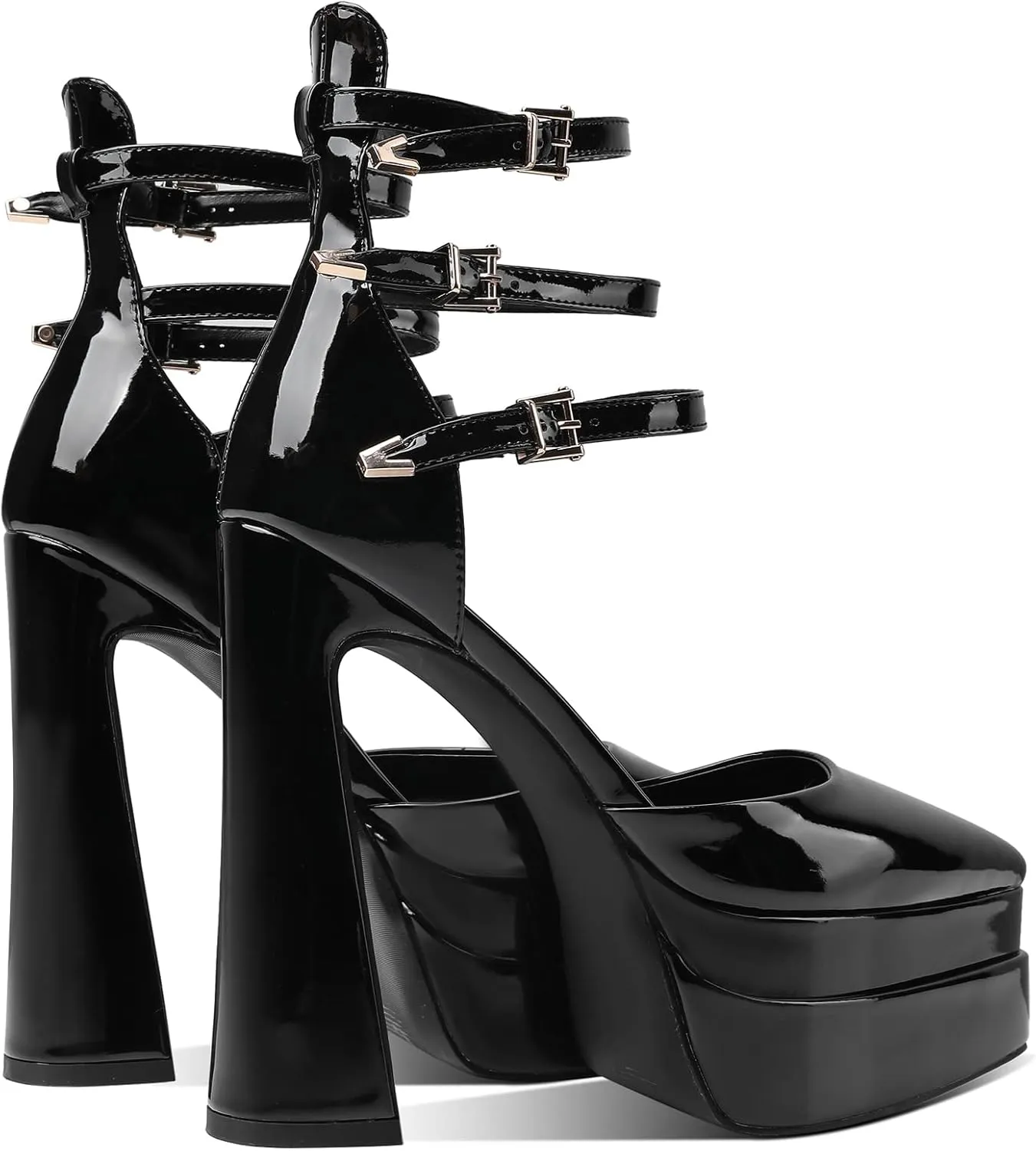 Kluolandi Women's Double Platform Chunky High Heels with Buckles Pointed Toe Ankle Strap Patent Leather Pumps Dress Shoes