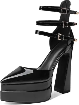 Kluolandi Women's Double Platform Chunky High Heels with Buckles Pointed Toe Ankle Strap Patent Leather Pumps Dress Shoes