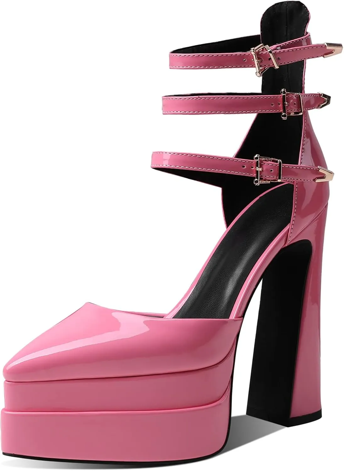 Kluolandi Women's Double Platform Chunky High Heels with Buckles Pointed Toe Ankle Strap Patent Leather Pumps Dress Shoes