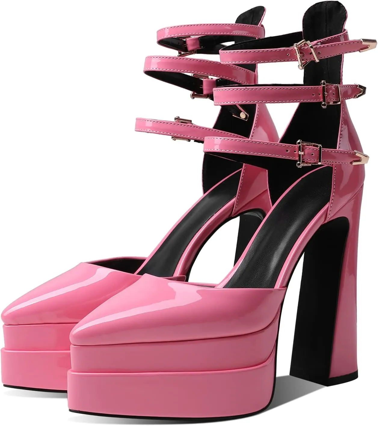 Kluolandi Women's Double Platform Chunky High Heels with Buckles Pointed Toe Ankle Strap Patent Leather Pumps Dress Shoes