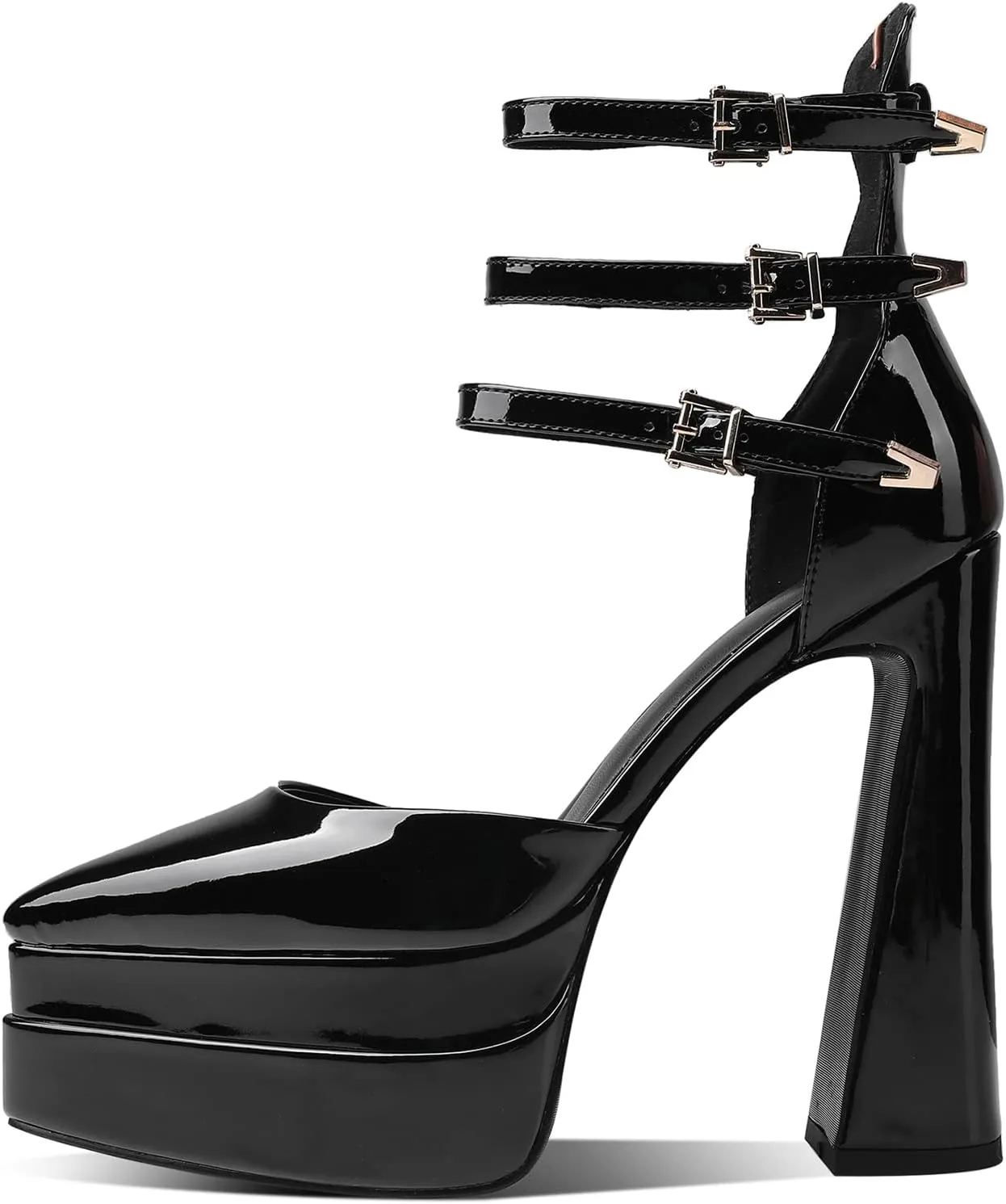 Kluolandi Women's Double Platform Chunky High Heels with Buckles Pointed Toe Ankle Strap Patent Leather Pumps Dress Shoes