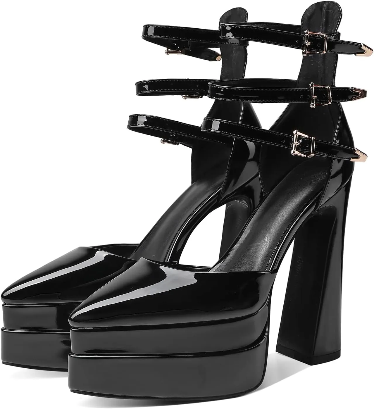 Kluolandi Women's Double Platform Chunky High Heels with Buckles Pointed Toe Ankle Strap Patent Leather Pumps Dress Shoes