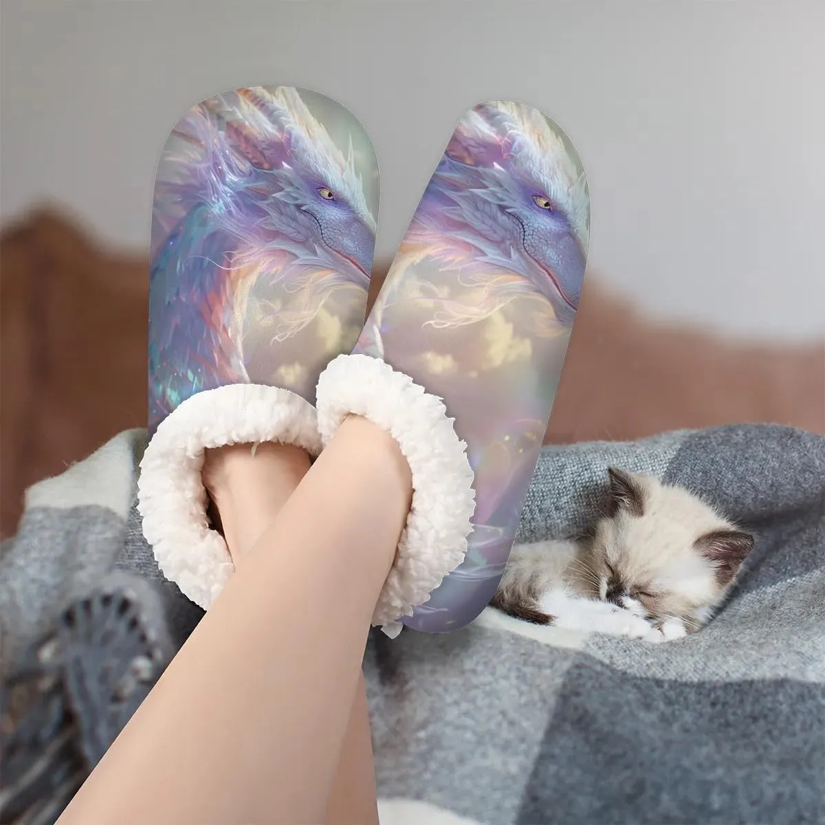 KOBLEN Dragon Clouds Slippers for Women House Shoes with Fleece Lining Wide Comfy Full Slippers Lightweight Cozy Loafer with Rubber Sole Unisex Slippers Adults for Indoor Outdoor