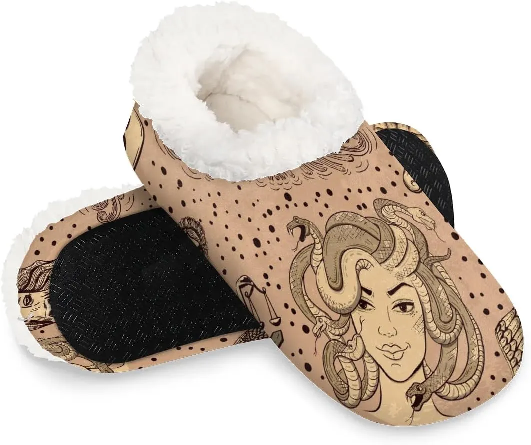 KOBLEN Greek Mythology Sketch Slippers for Women House Shoes with Fleece Lining Wide Comfy Full Slippers Lightweight Cozy Loafer with Rubber Sole Unisex Slippers Adults for Indoor Outdoor