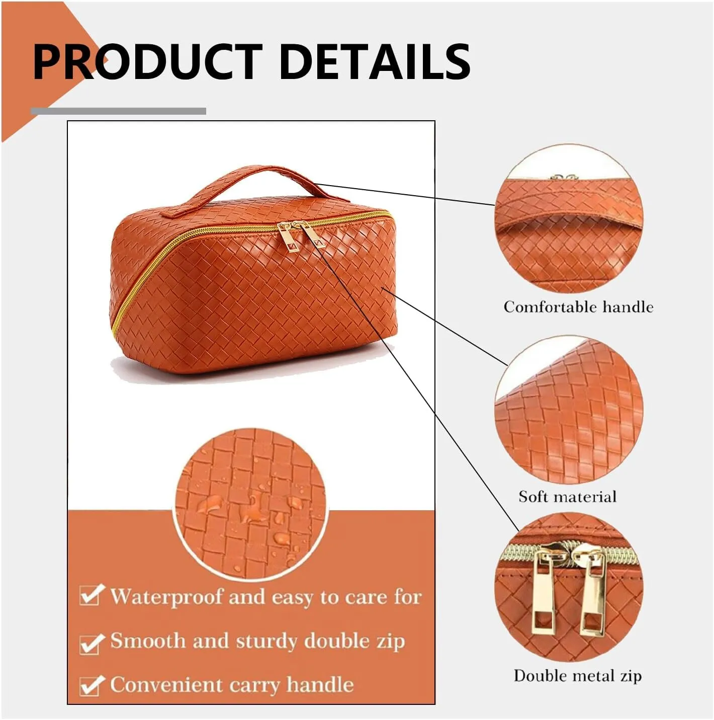 Large Capacity Makeup Bag Woven Cosmetic Bag, PU Leather Waterproof Cosmetic Bag, Women Portable Travel Makeup Pouch With Handle Makeup Organizer Bag (Brown)