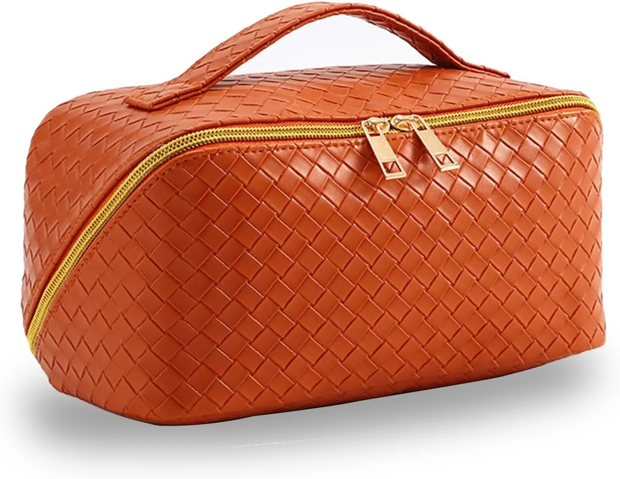 Large Capacity Makeup Bag Woven Cosmetic Bag, PU Leather Waterproof Cosmetic Bag, Women Portable Travel Makeup Pouch With Handle Makeup Organizer Bag (Brown)