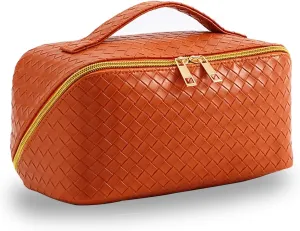 Large Capacity Makeup Bag Woven Cosmetic Bag, PU Leather Waterproof Cosmetic Bag, Women Portable Travel Makeup Pouch With Handle Makeup Organizer Bag (Brown)